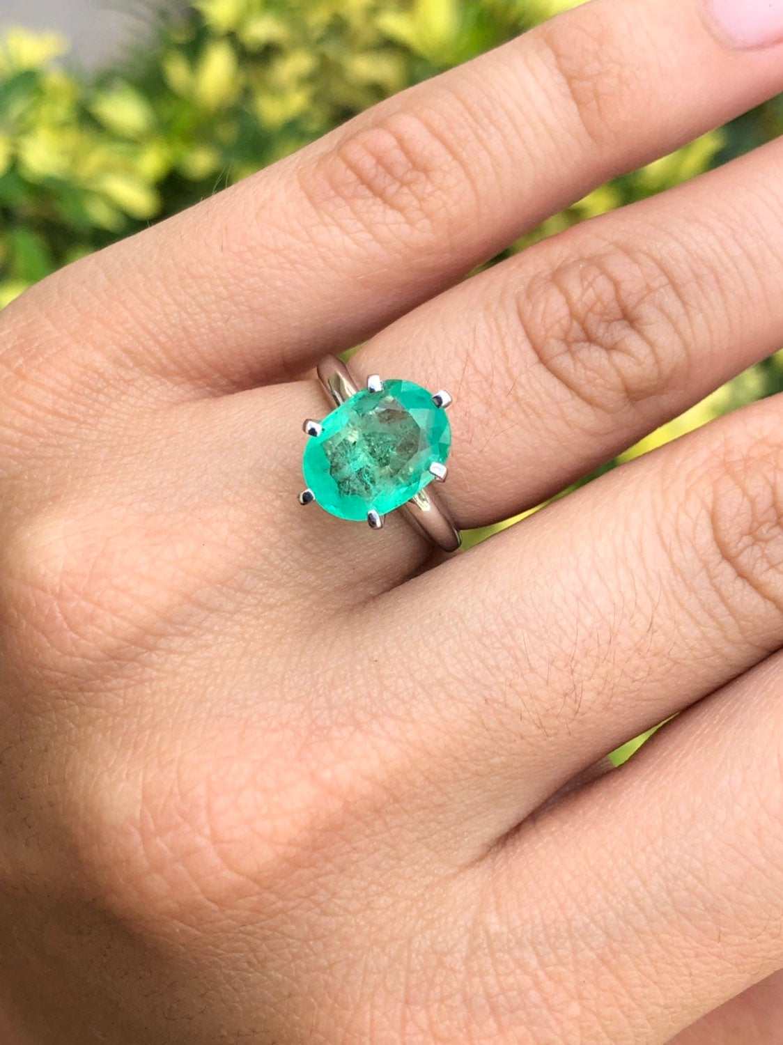 14K gold engagement ring with 3.20ct oval cut Colombian emerald solitaire by JR Colombian Emeralds.