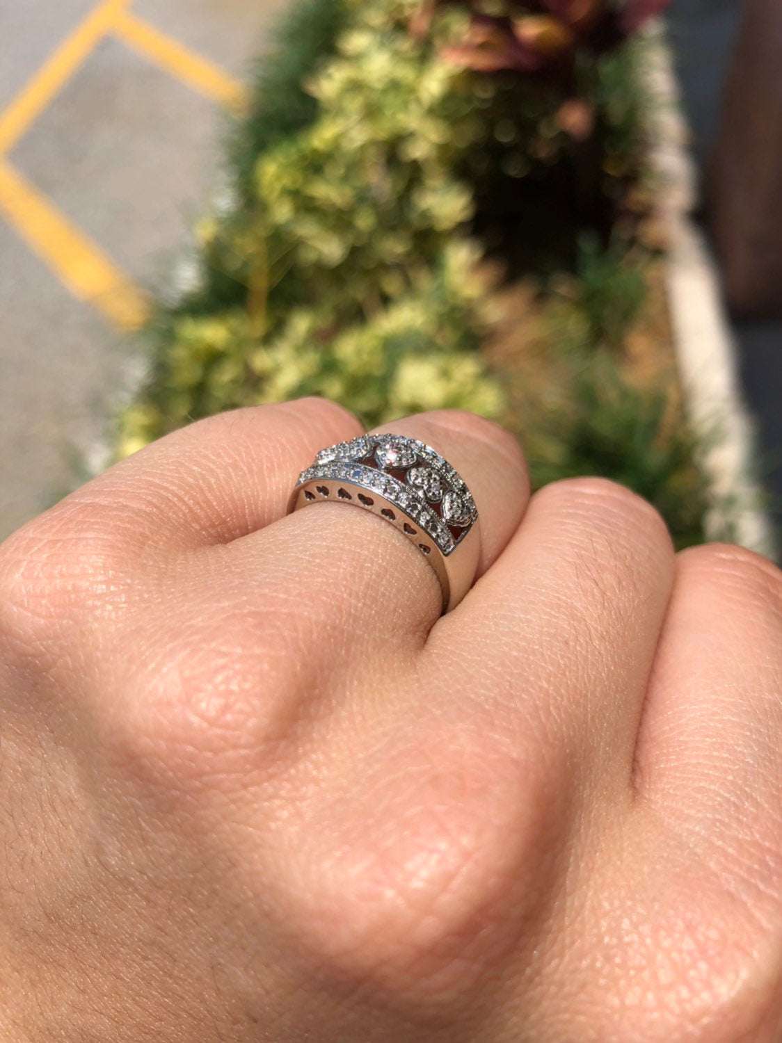 Diamond Heart Wide Wedding Band White Gold 14K