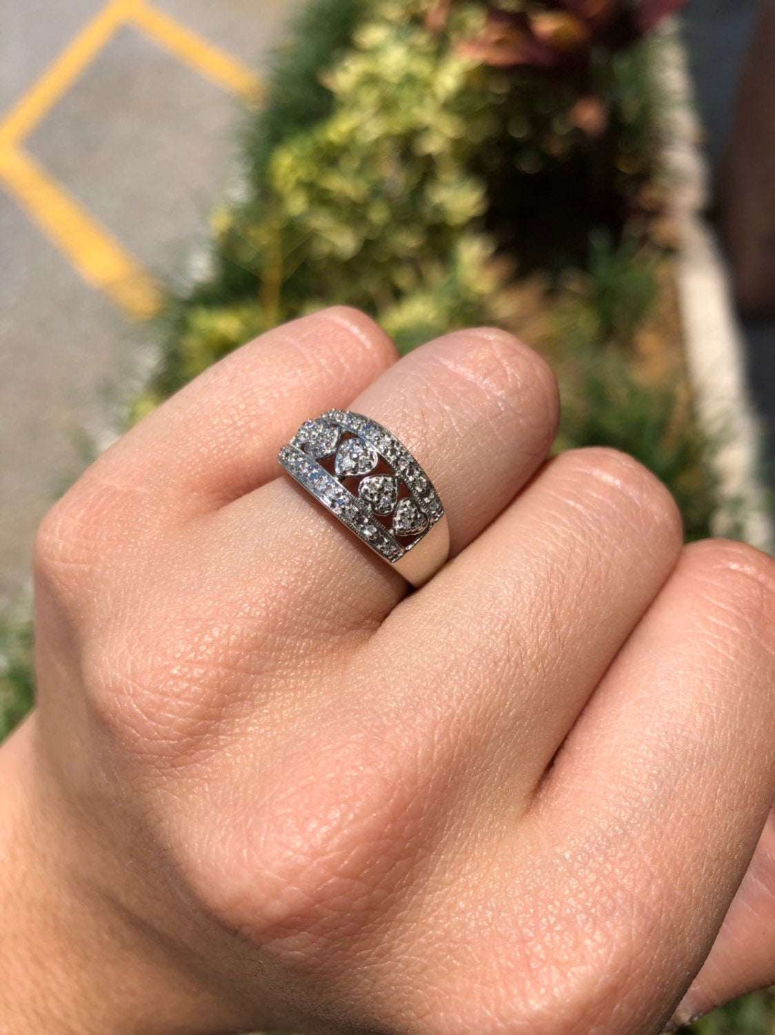 Diamond Heart Wide Wedding Band White Gold 14K BEST