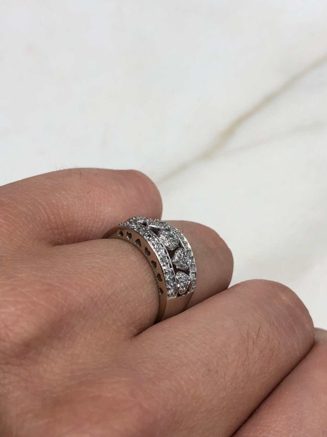 Diamond Heart Wide Wedding Band White Gold 14K BEST