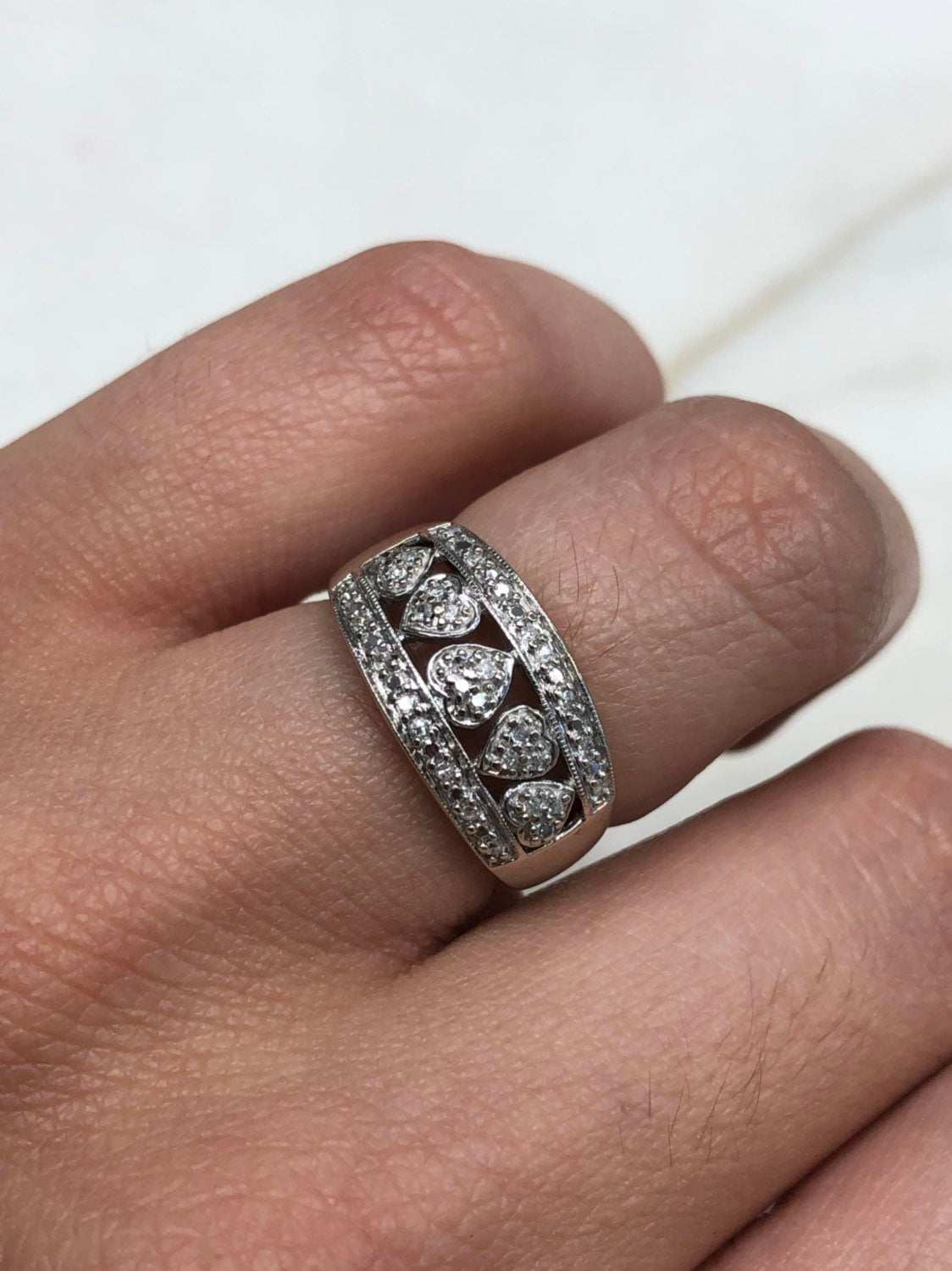 Diamond Heart Wide Wedding Band White Gold 14K BEST