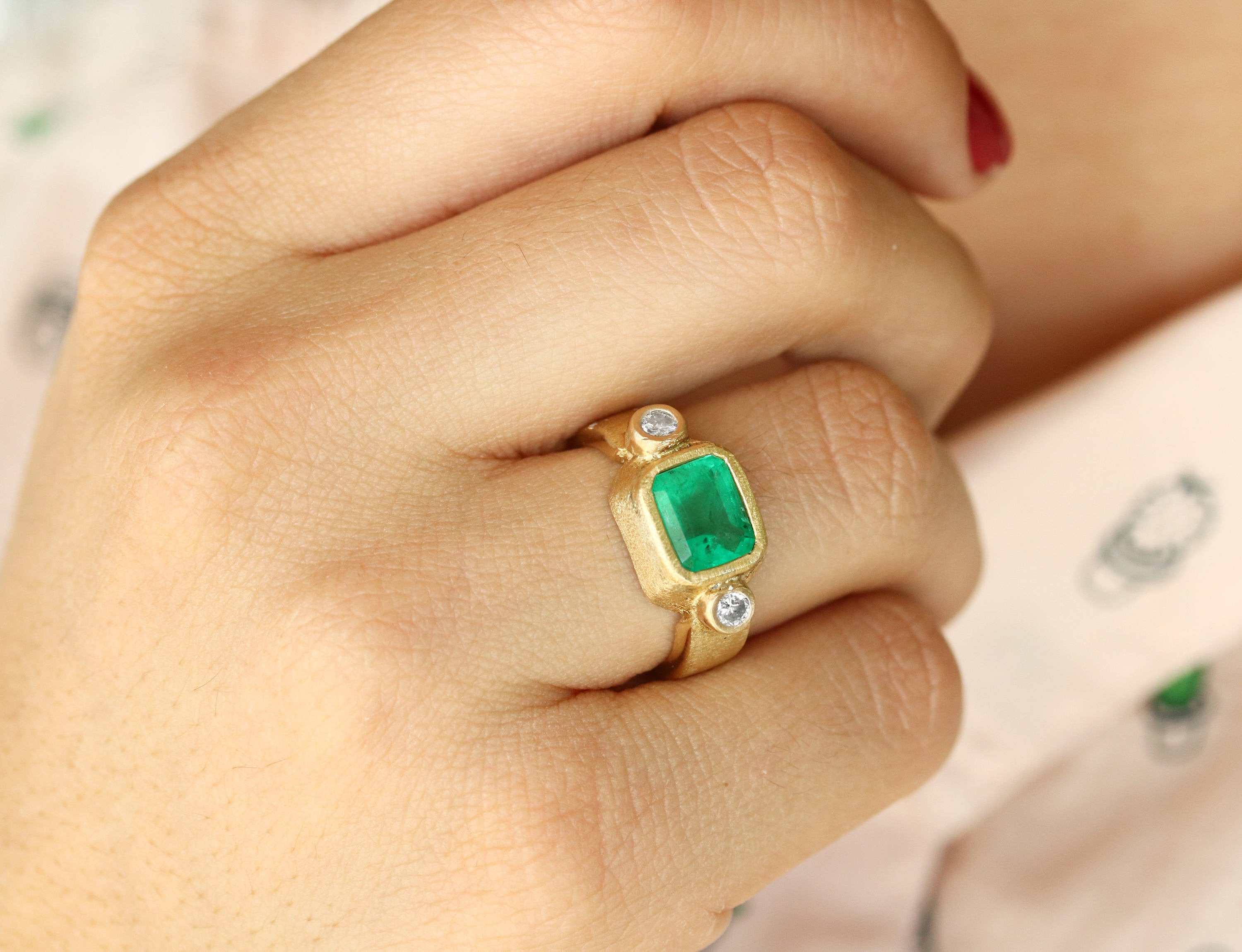 2.70tcw Colombian Emerald & Diamond Three Stone Bezel Ring 18K