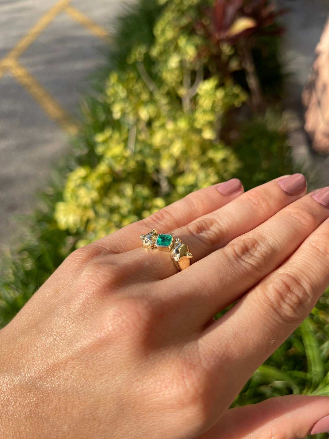 0.77tcw 14K Bezel Set Emerald & Diamond Eye Panther Gold Ring