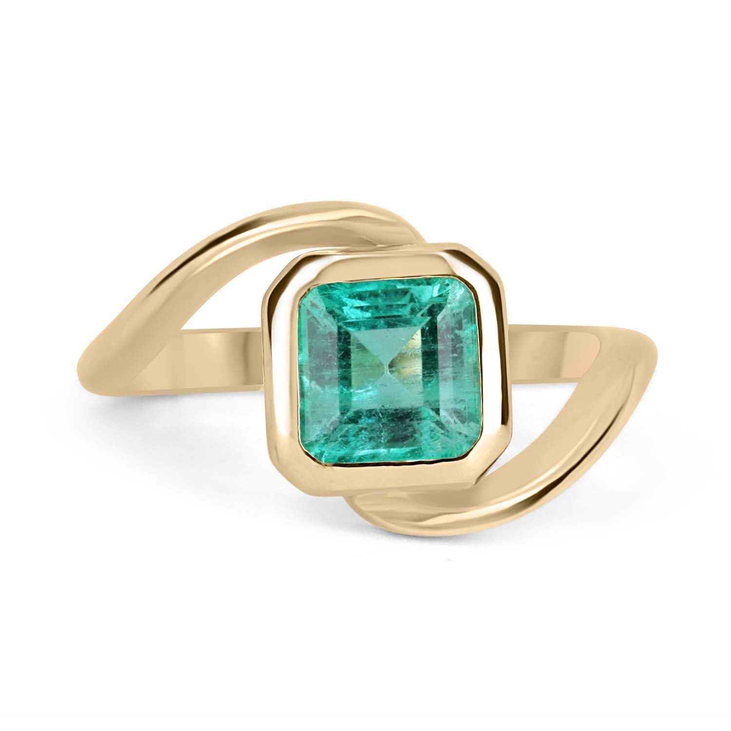 1.50 Carats Bezel Set Asscher Cut Emerald Solitaire Curved Ring 14K