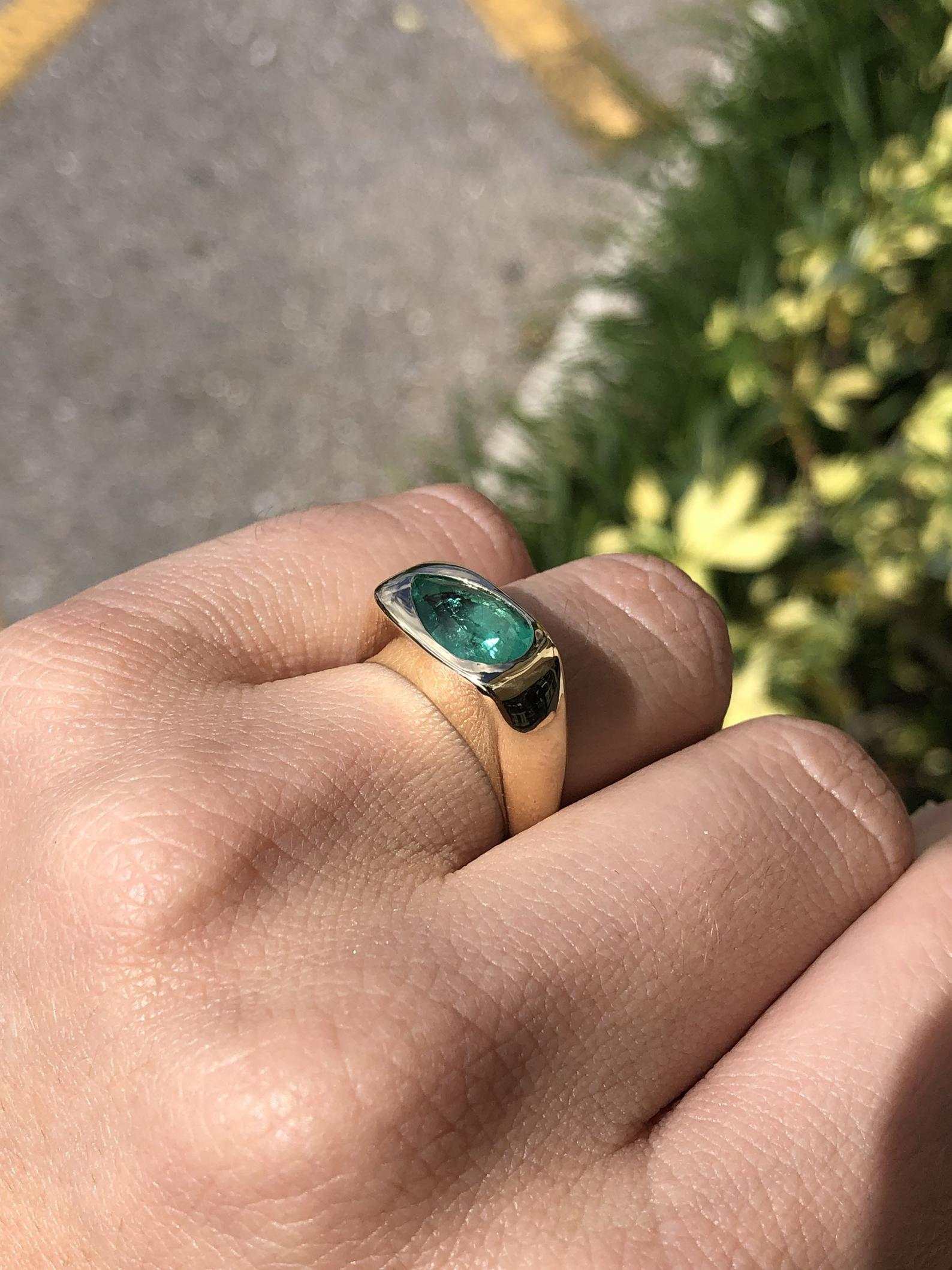 1.90 Carat Bezel Teardrop Emerald East To West Solitaire Ring 14K