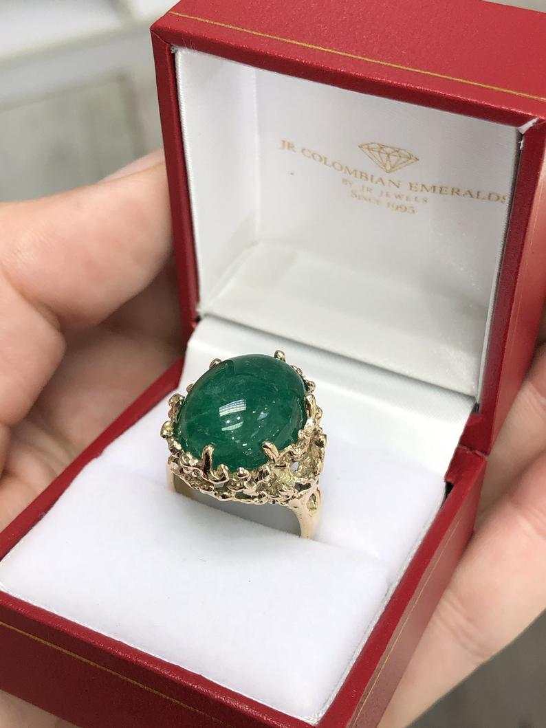 11.90 Carat Large Dark Green Muzo Colombian Emerald Cabochon Nugget Ring 14K