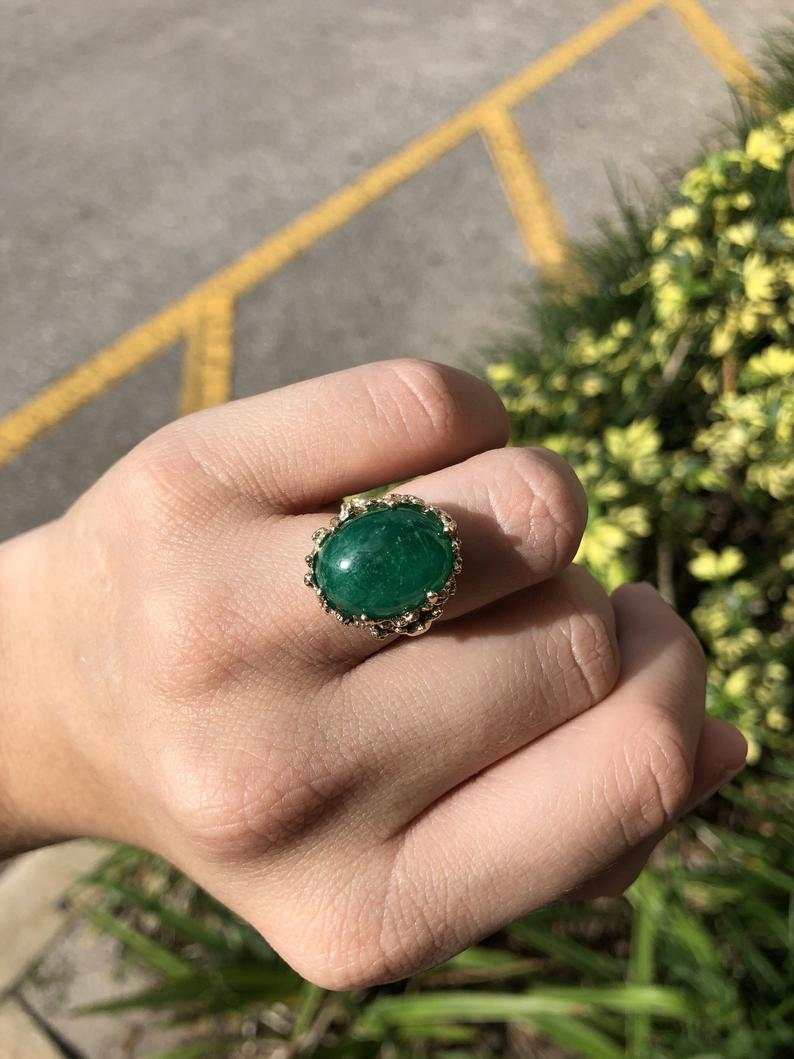11.90 Carat Large Dark Green Muzo Colombian Emerald Cabochon Nugget Ring 14K