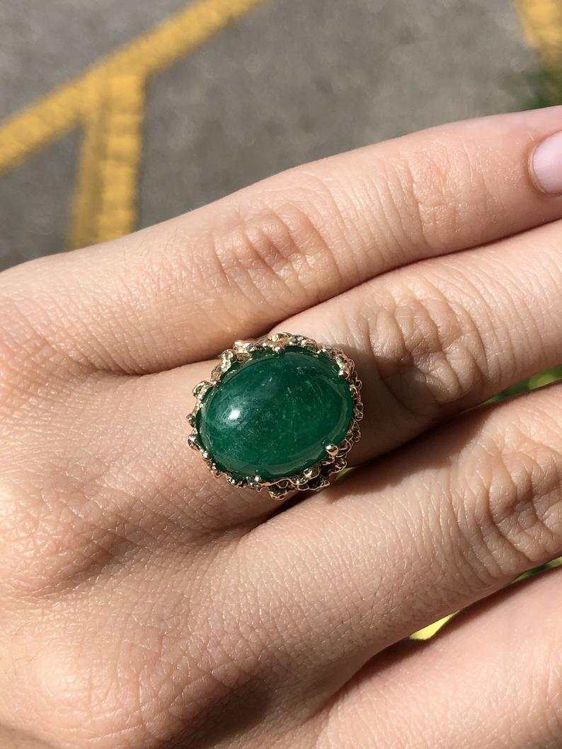 11.90 Carat Large Dark Green Muzo Colombian Emerald Cabochon Nugget Ring 14K