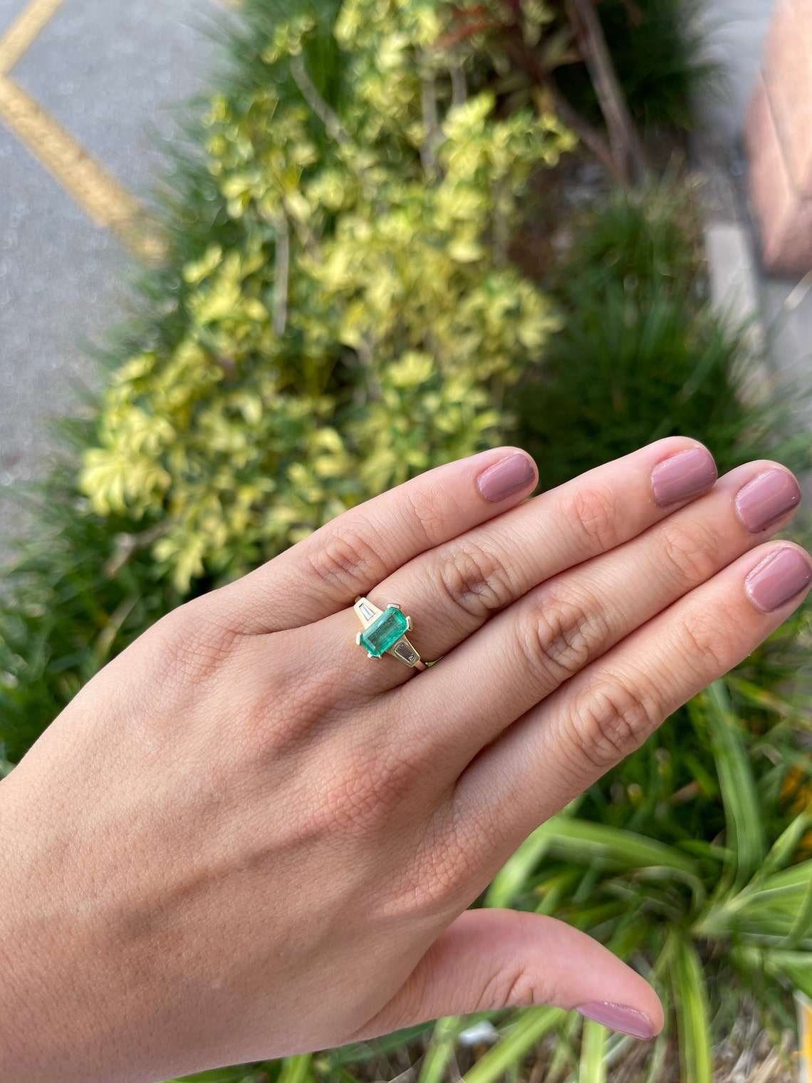 Ladies emerald ring with 2.15tcw Colombian emerald and tapered baguette diamonds in 14K gold by JR Colombian Emeralds.