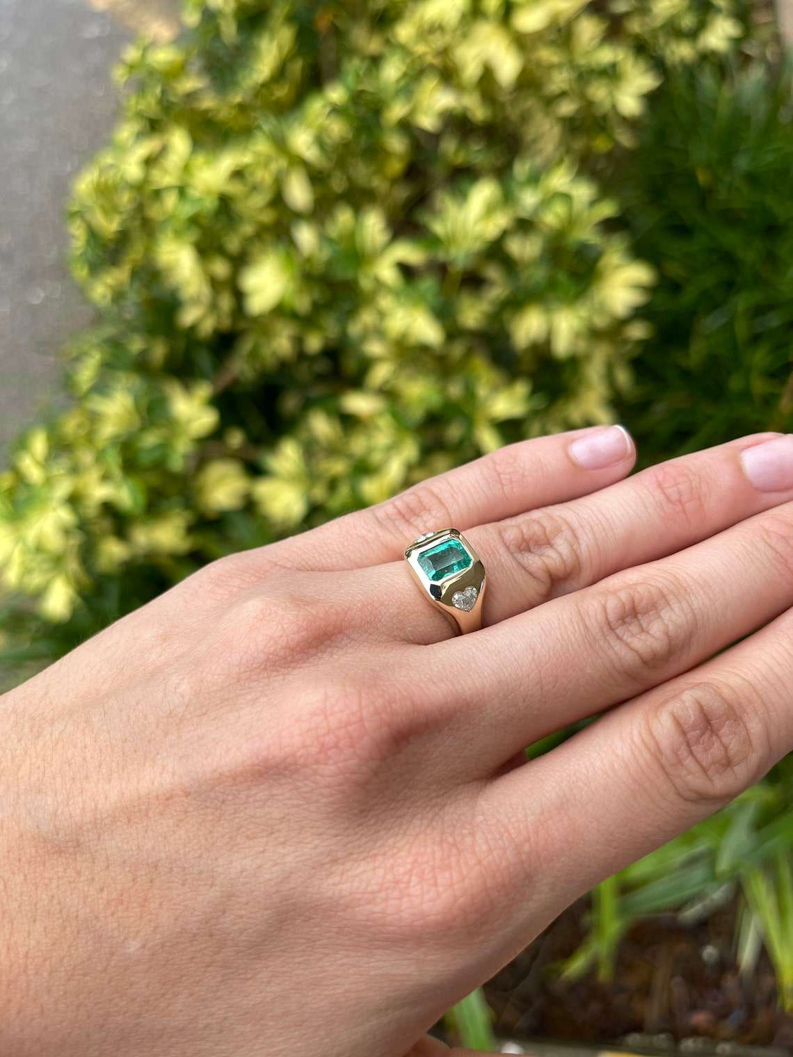 2.15tcw Three Stone Colombian Emerald & Heart Diamond Gypsy Ring 14K