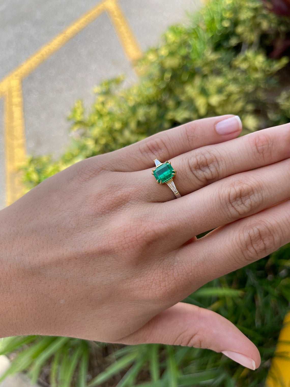 2.17tcw AAA+ AGL Insignificant Oil 18K Colombian Emerald Cut & Tappered Baguette Diamond Ring