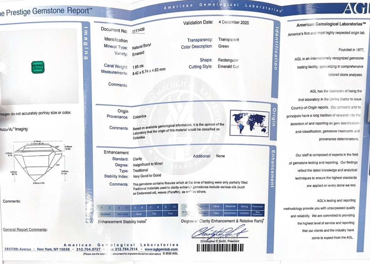 2.17tcw AAA+ AGL Insignificant Oil 18K Colombian Emerald Cut & Tappered Baguette Diamond Ring
