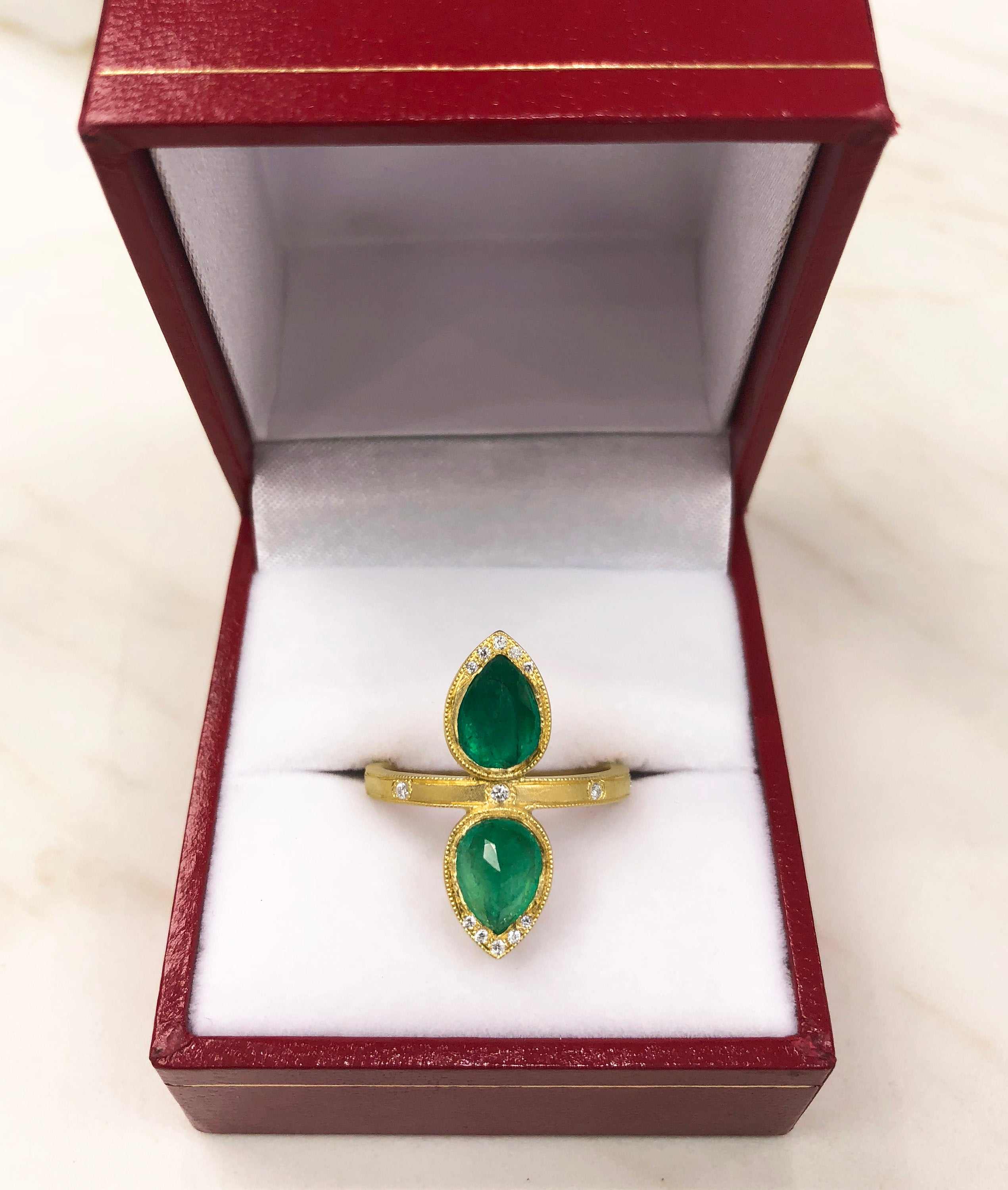 2.48tcw Rose Cut Pear Earth Mined Emerald & Diamond Navette Statement