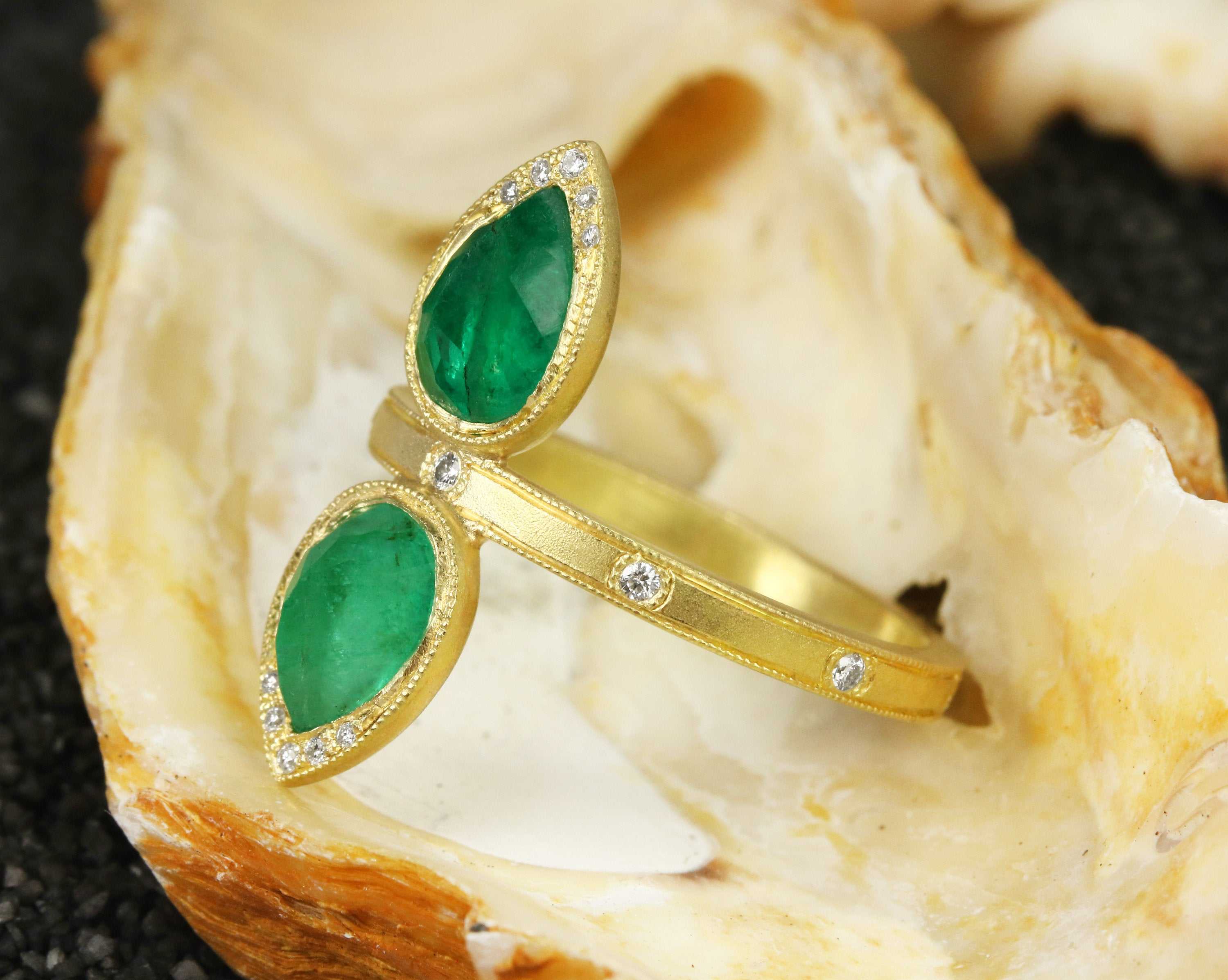 2.48tcw Rose Cut Pear Earth Mined Emerald & Diamond Navette Statement