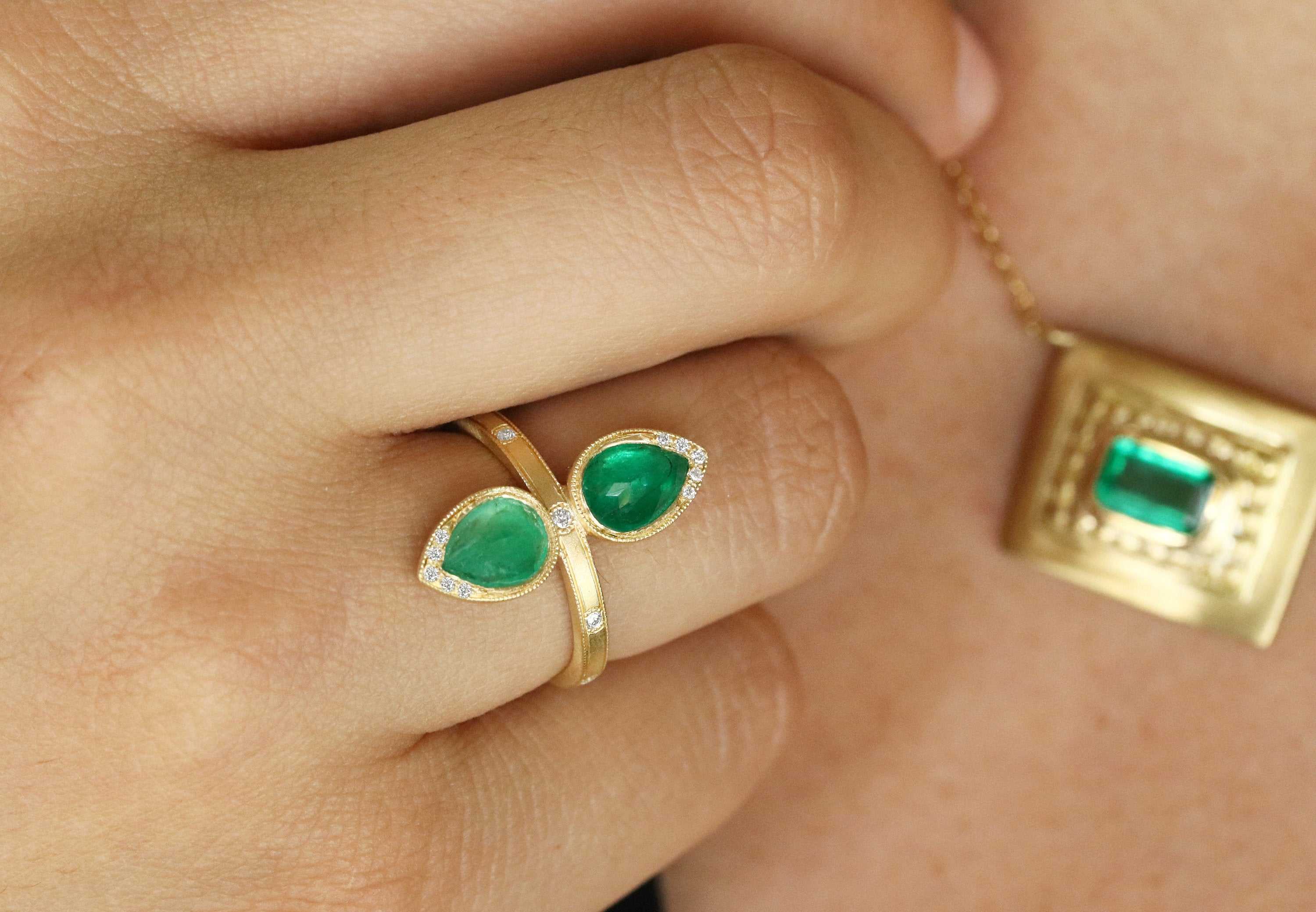 2.48tcw Rose Cut Pear Earth Mined Emerald & Diamond Navette Statement