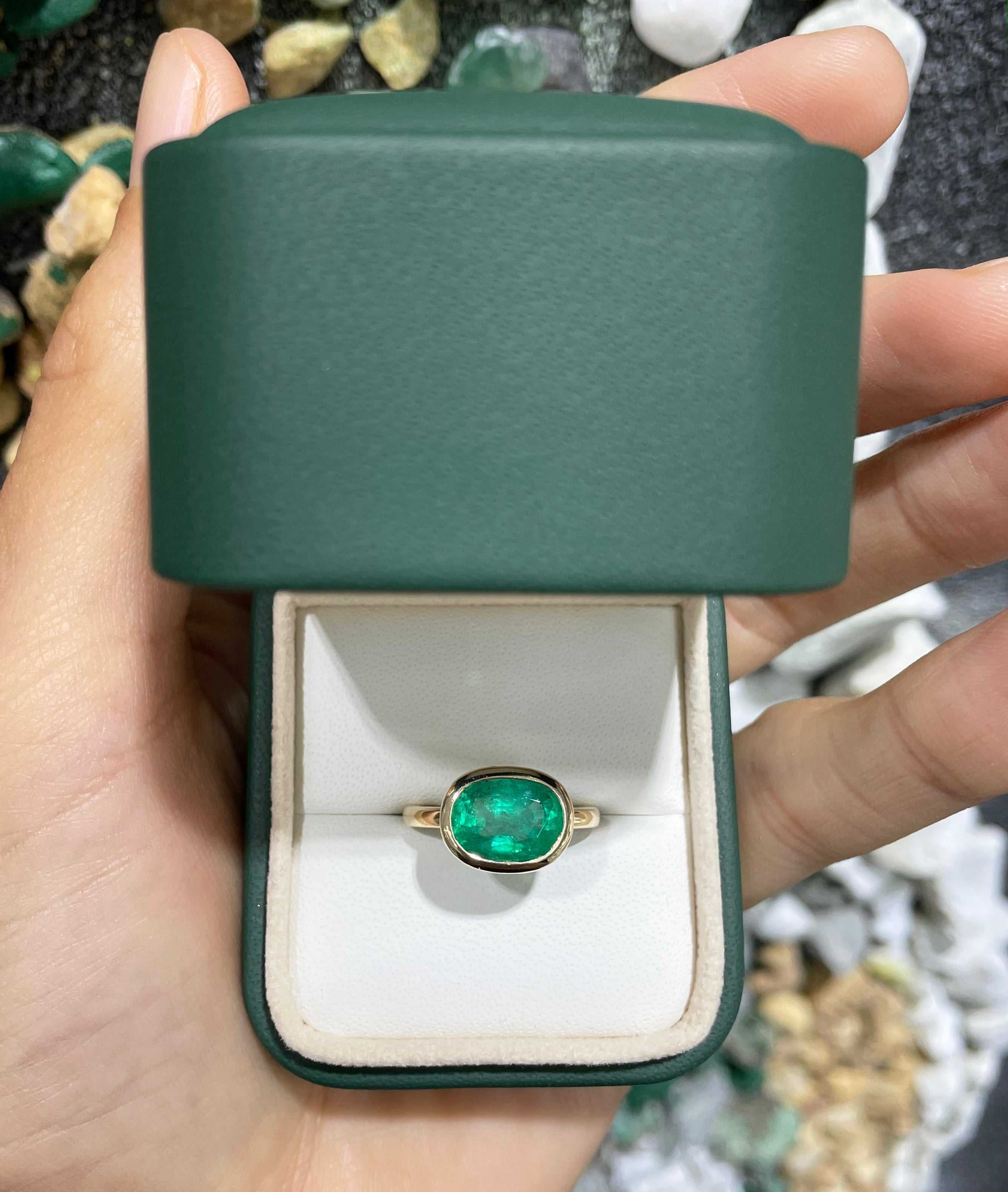 2.70cts 14K Dark Rich Green Oval Natural Emerald Solitaire East to West Bezel Ring - JR Colombian Emeralds