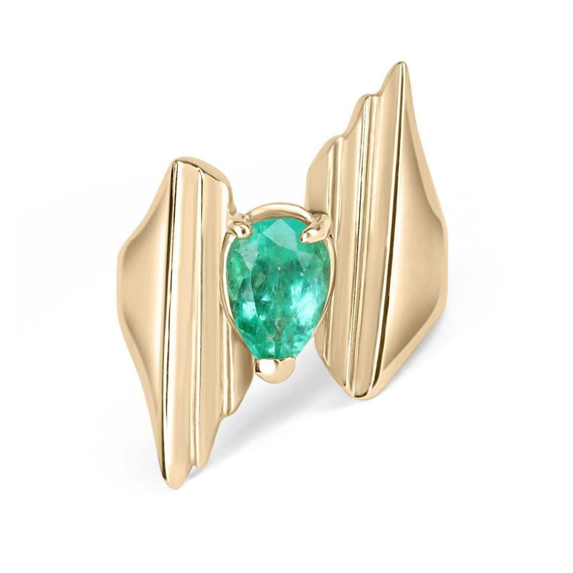 Geometric 2.80 Carat Retro Pear Emerald Solitaire Statement Ring Gold