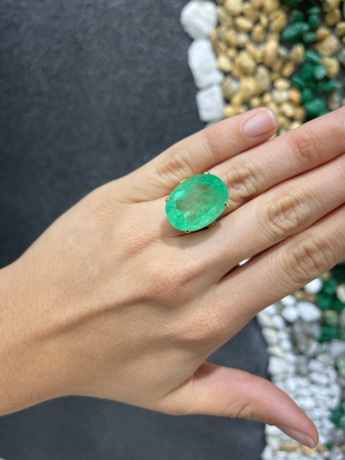 21.12tcw 14K Colombian Emerald Oval Cut & Diamond Statement Ring