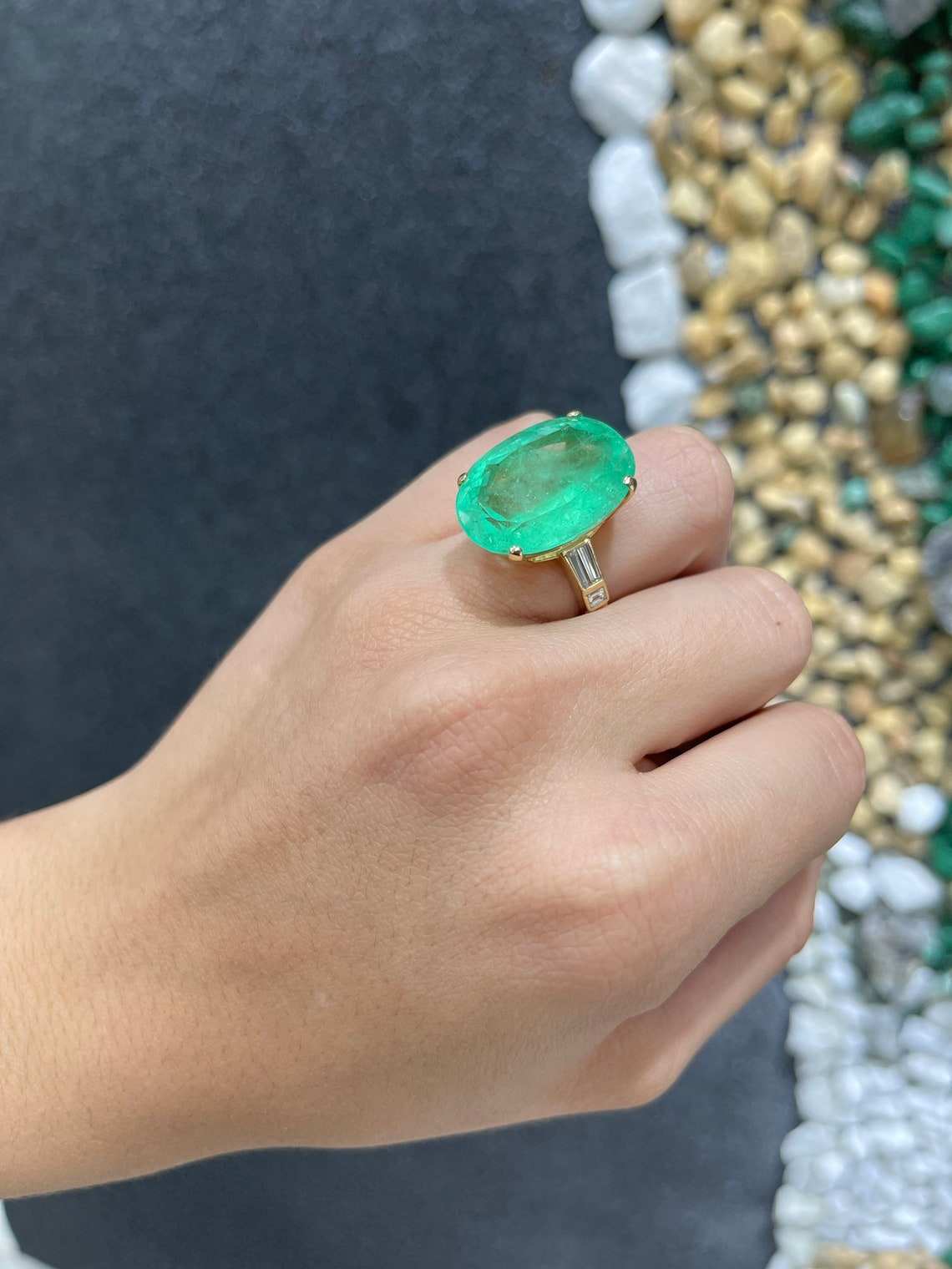 21.12tcw 14K Colombian Emerald Oval Cut & Diamond Statement Ring