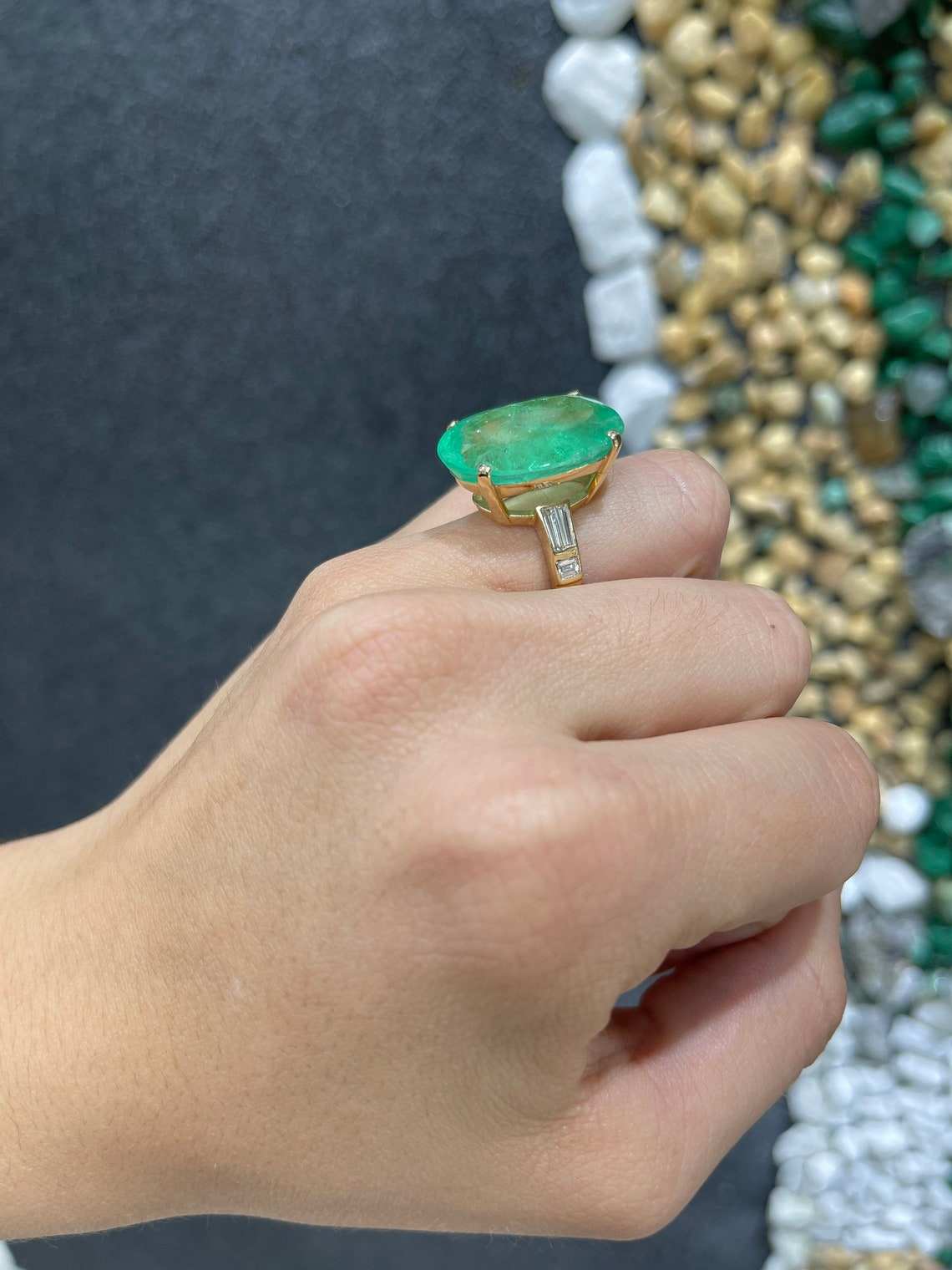 21.12tcw 14K Colombian Emerald Oval Cut & Diamond Statement Ring