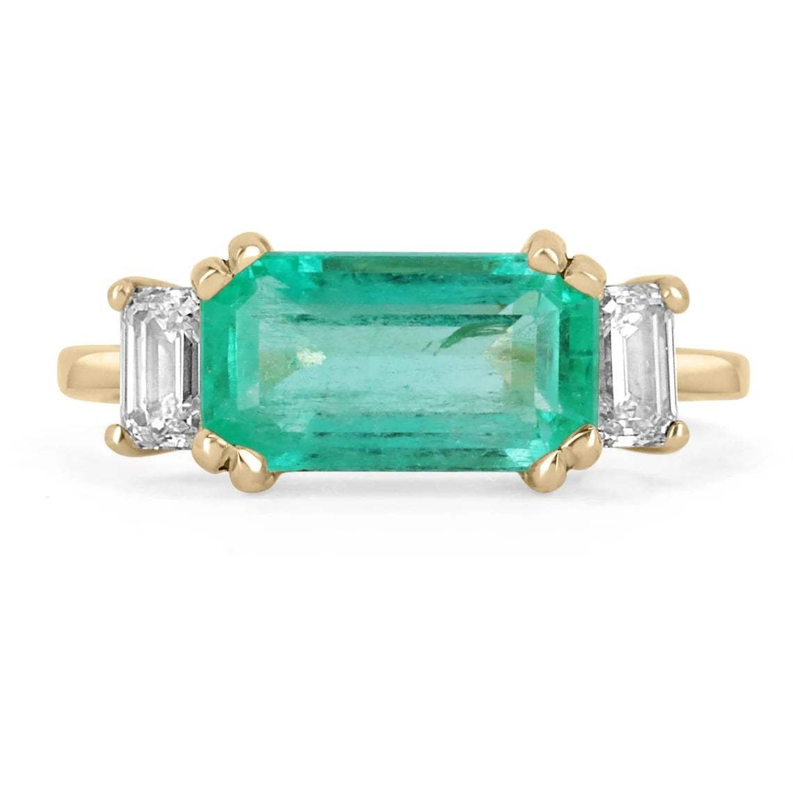 Three stone emerald and diamond engagement ring in 14K gold by JR Colombian Emeralds, featuring 3.64tcw total carat weight.