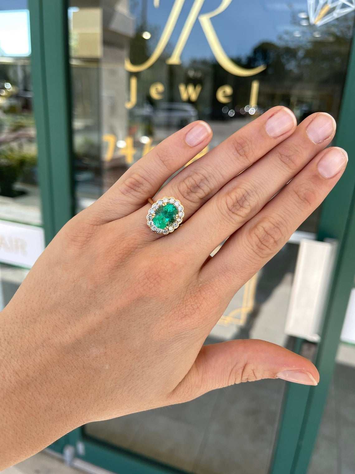 5.15tcw 18K Top quality Oval Colombian Emerald & Diamond Halo Statement Ring - JR Colombian Emeralds