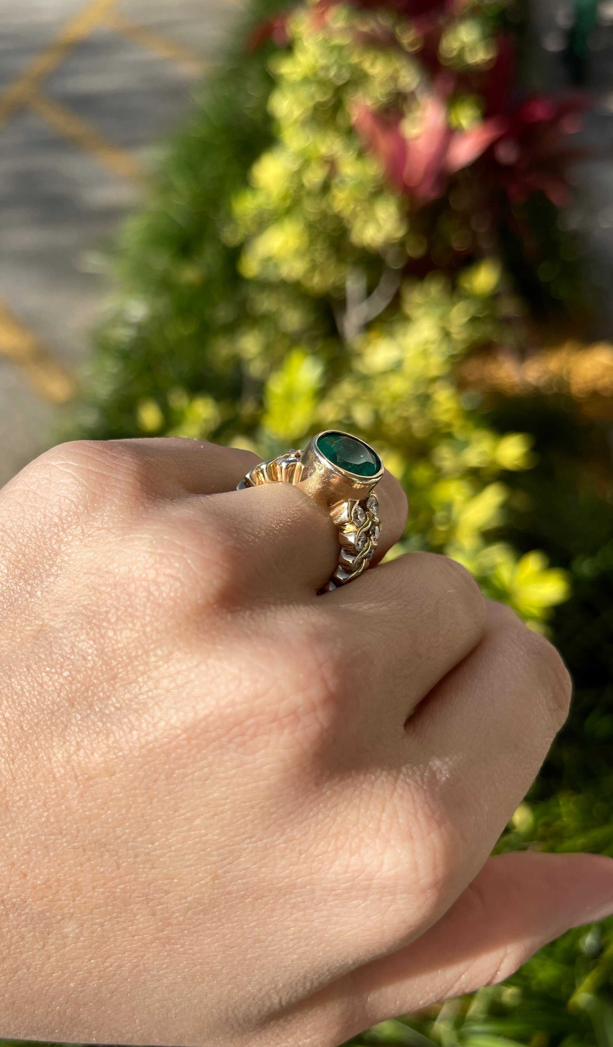 5.80tcw Bezel Set Oval Colombian Emerald & Diamond Ring 14k