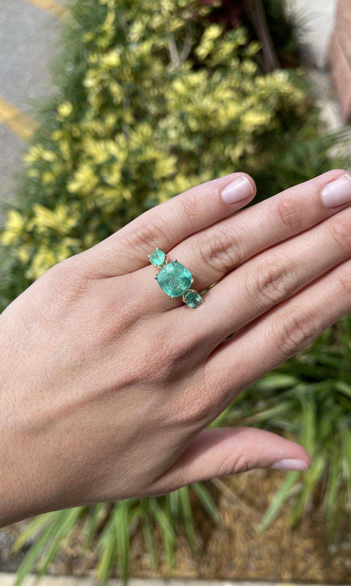 8.90tcw 14K Three Stone Cushion Cut & Oval Colombian Emerald