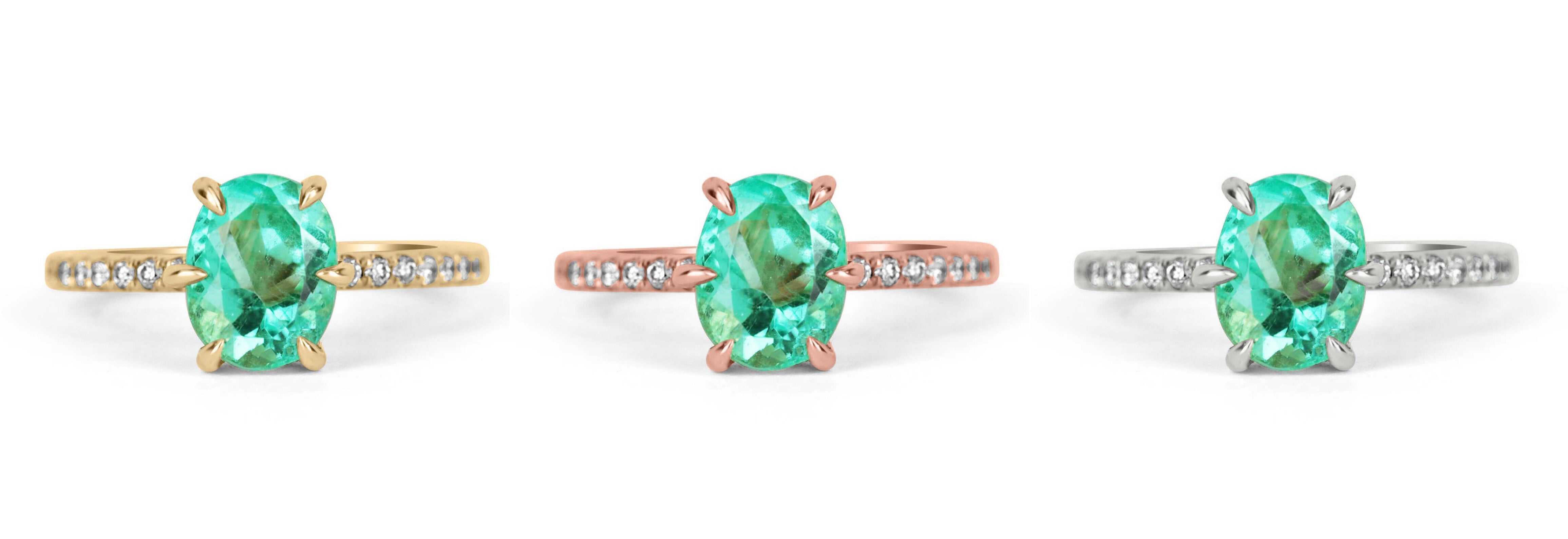 2.15カラット オーバルカット コロンビア産エメラルドとダイヤモンド 6本爪 エンゲージメントリング 14K