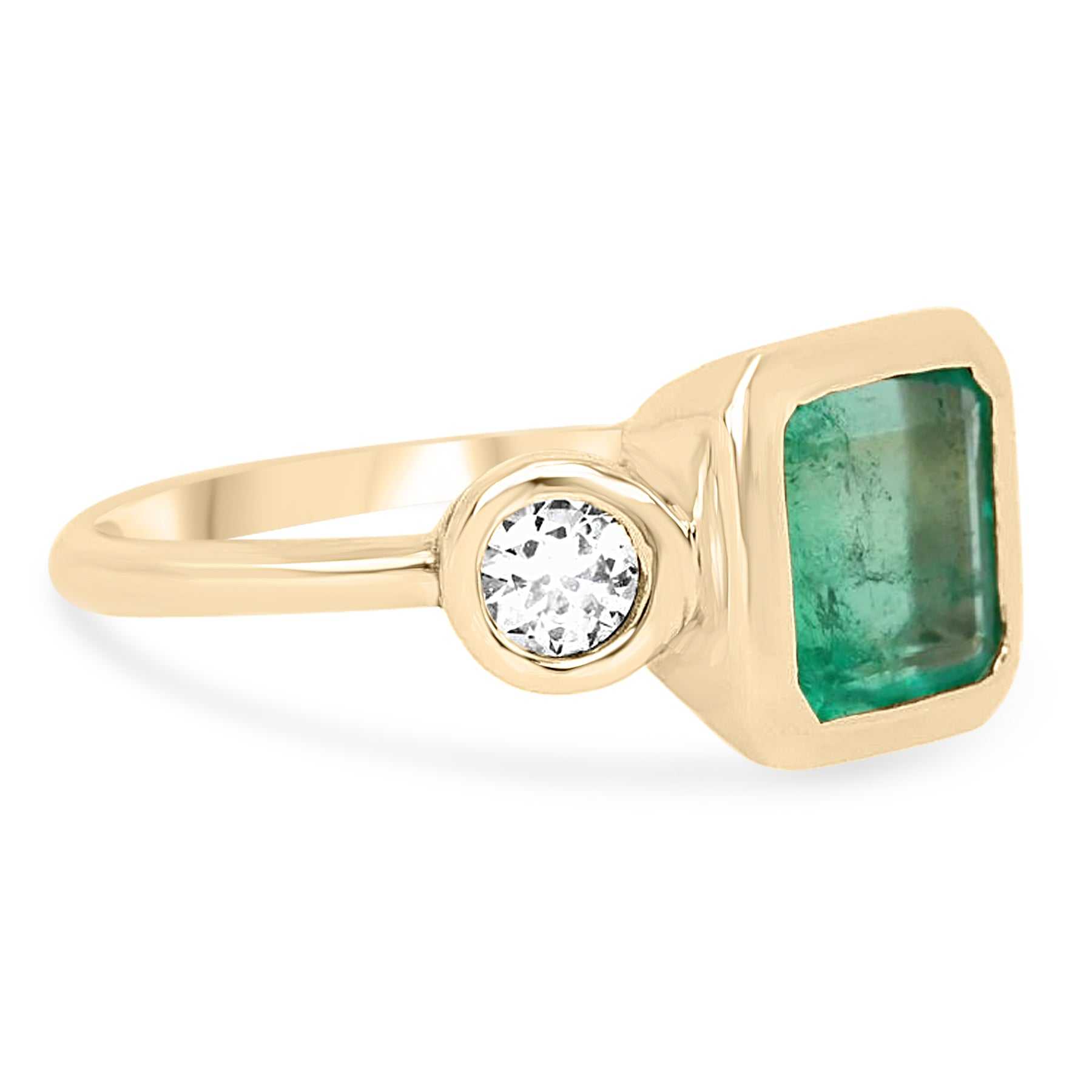3.25tcw Three Stone Thick Bezel Set Emerald & Diamond Ring 14K