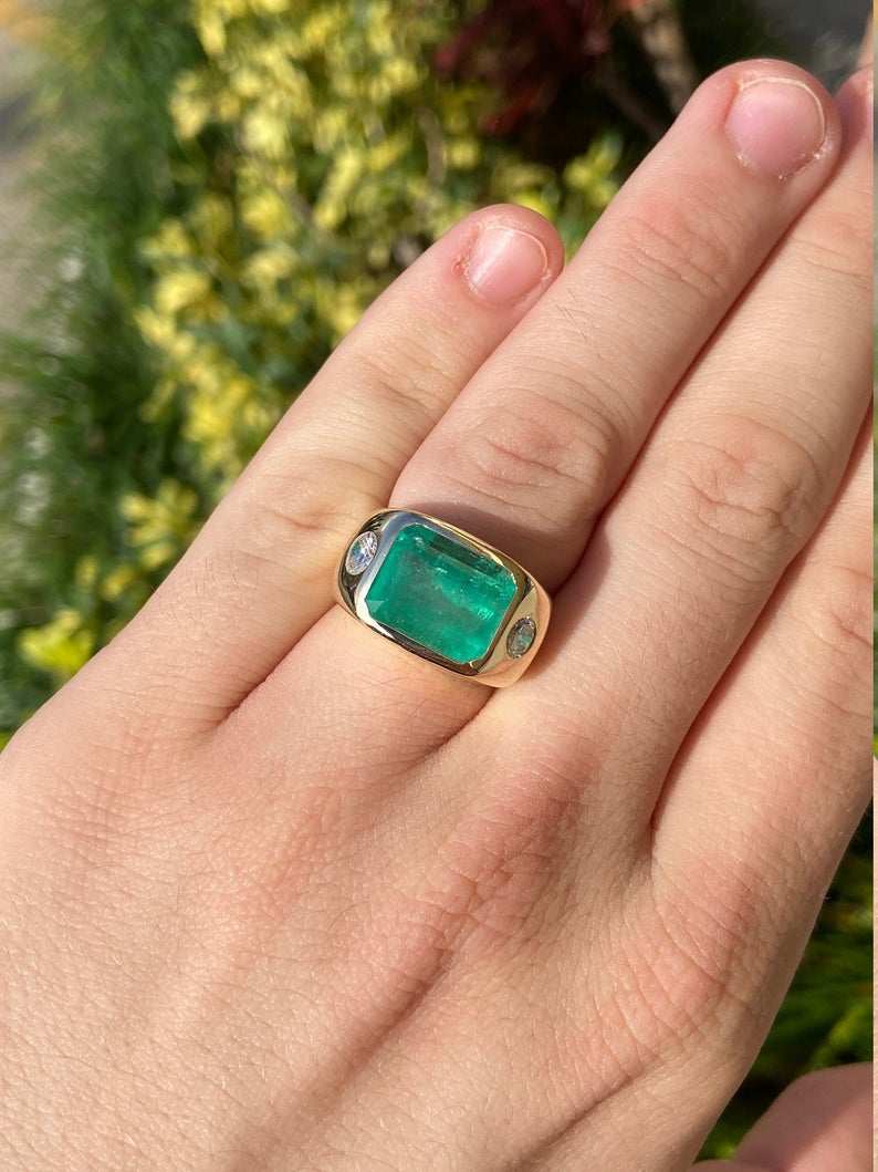 7.96tcw The HULK Three Stone Emerald & Round Diamond Large Gypsy Signet Ring 18K