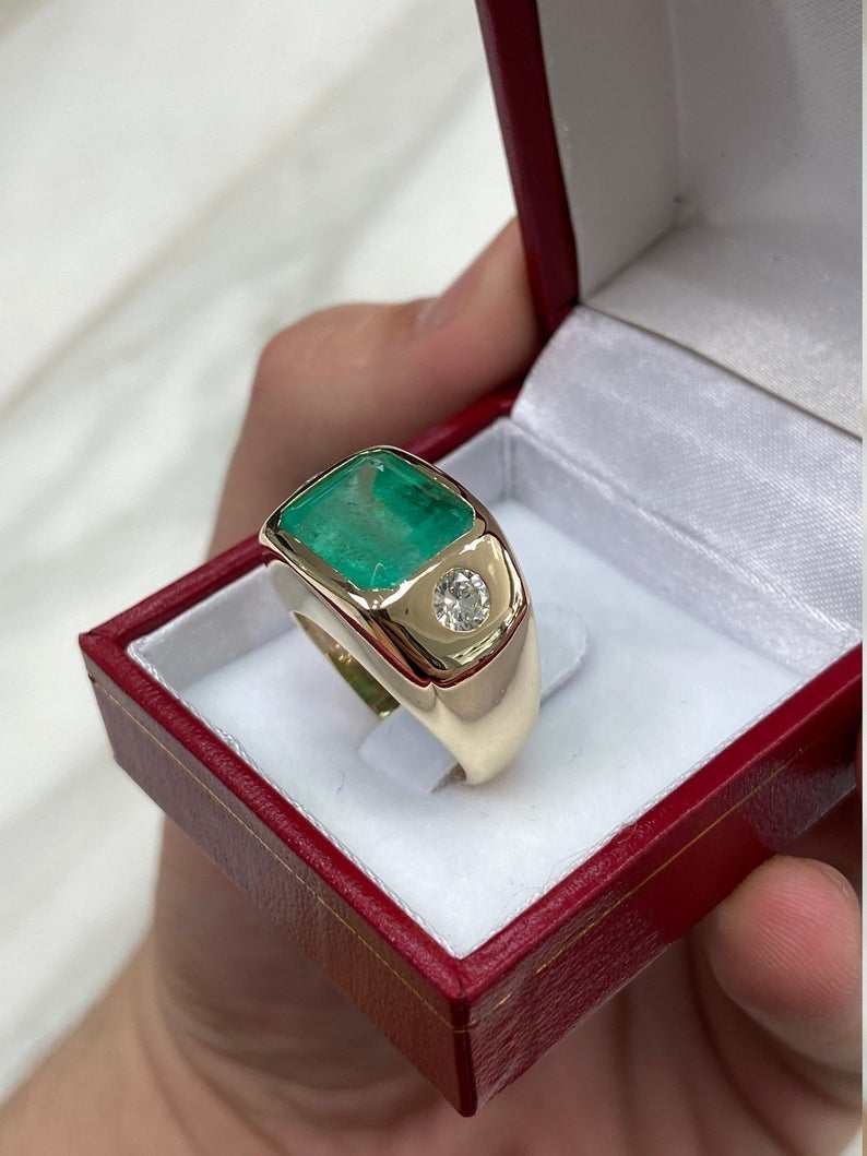 7.96tcw The HULK Three Stone Emerald & Round Diamond Large Gypsy Signet Ring 18K