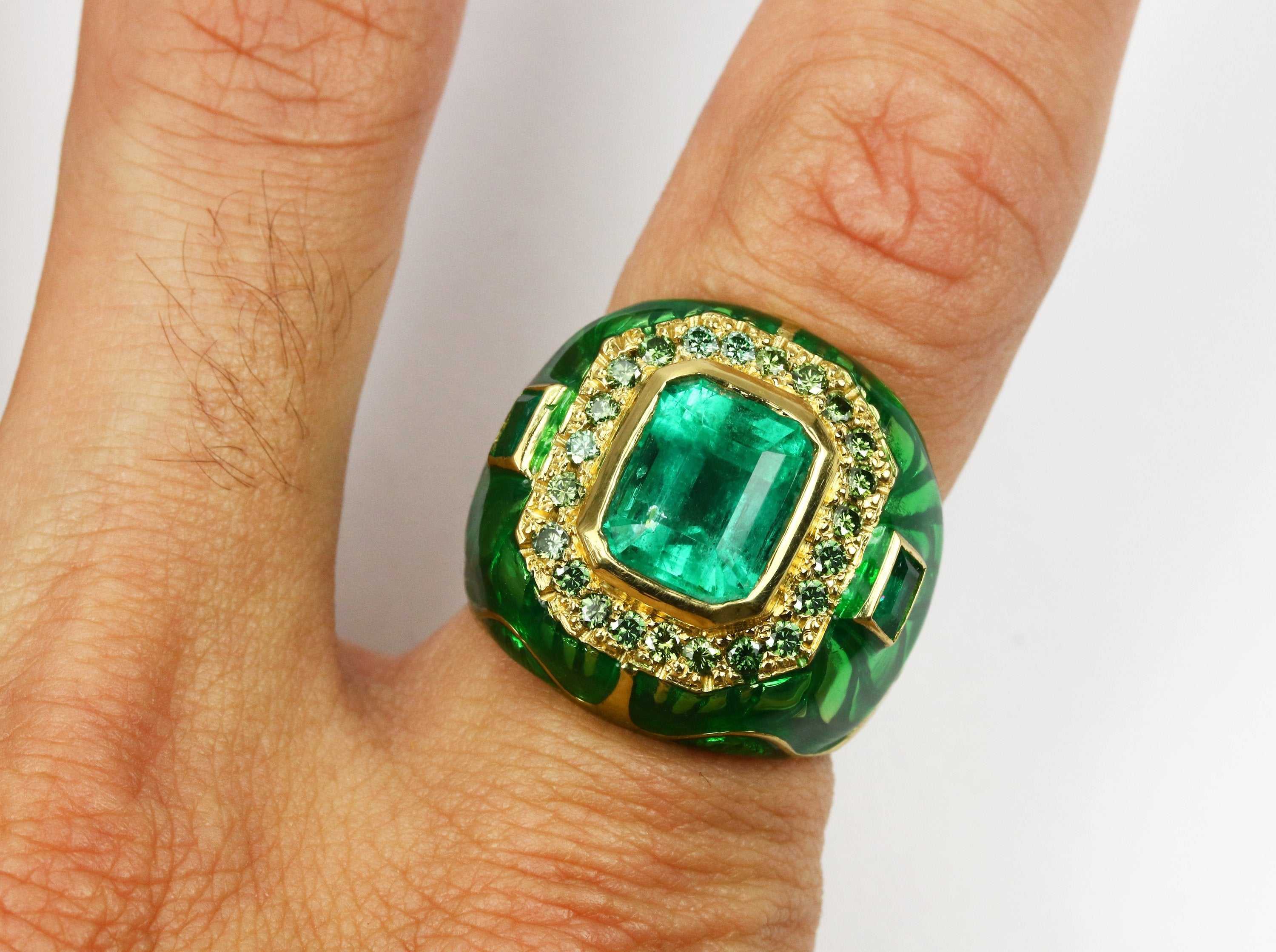 4.45tcw Mens Colombian Emerald & Green Diamond Enamel Signet Ring 18K