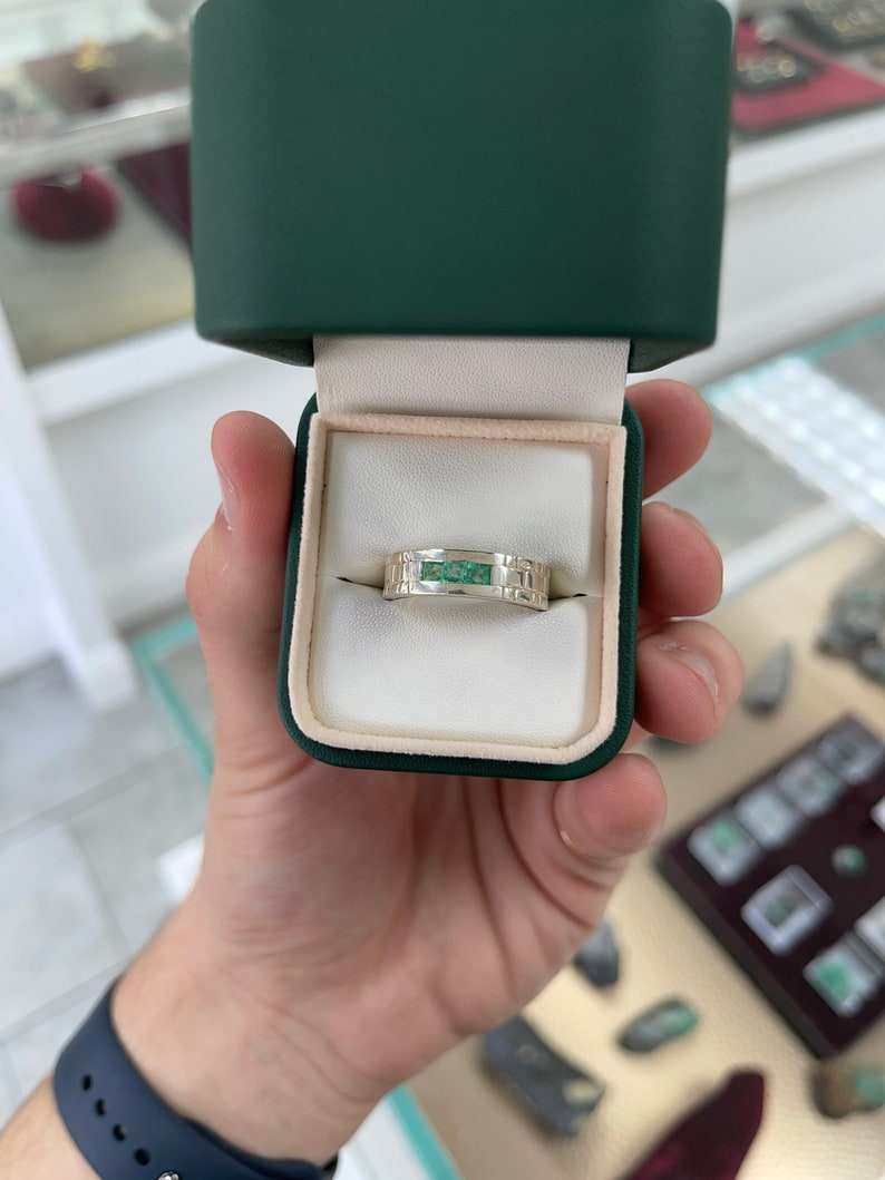 Hand Carved Wedding Band Ring in Box