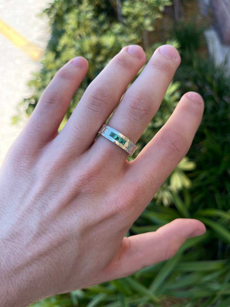 0.60tcw Channel Set Princess Cut Three Stone Bezel Set Hand Carved Wedding Sterling Silver Solid Mens Band Ring - JR Colombian Emeralds