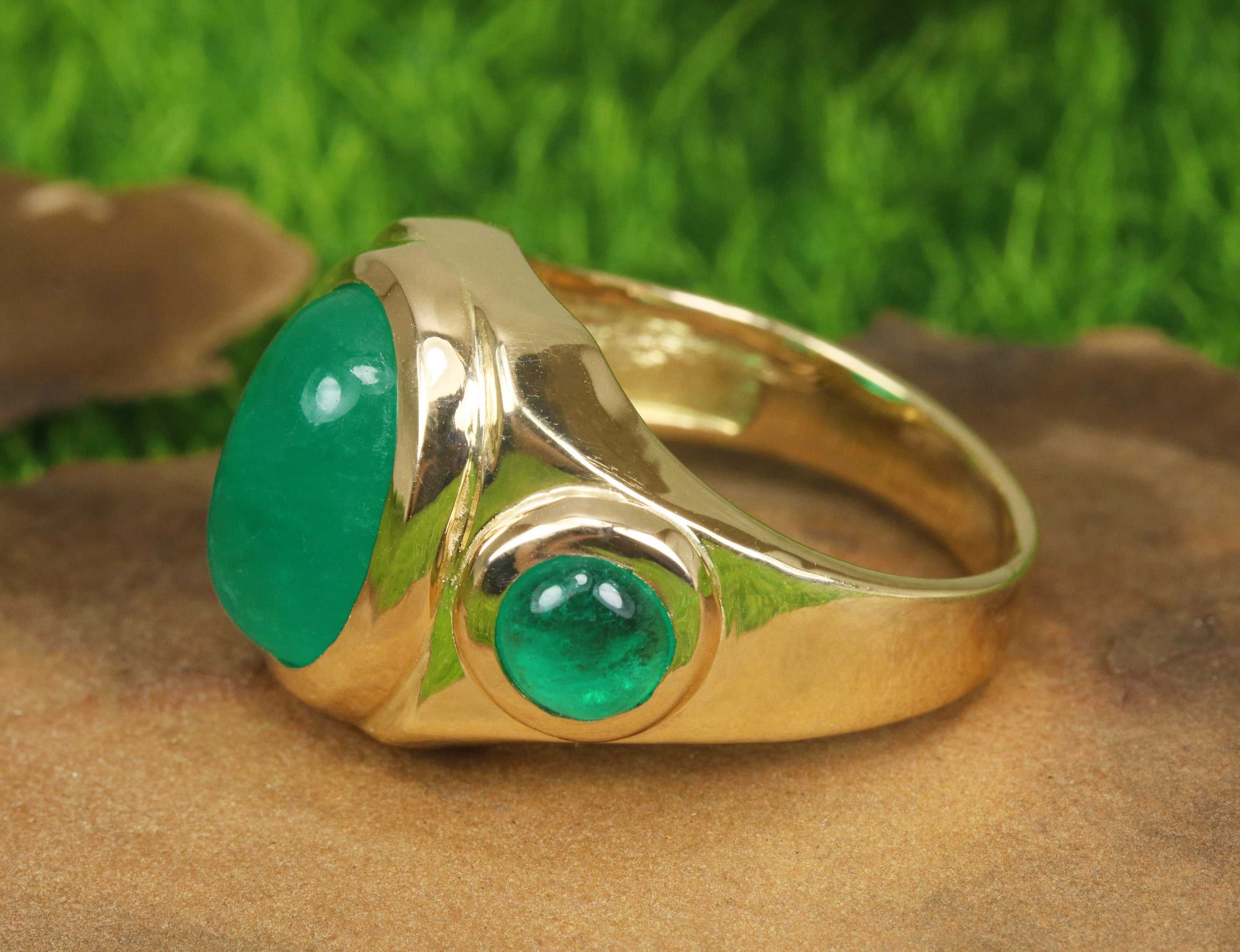 10.35tcw Three Stone Colombian Emerald Cabochon Mens Ring 14K