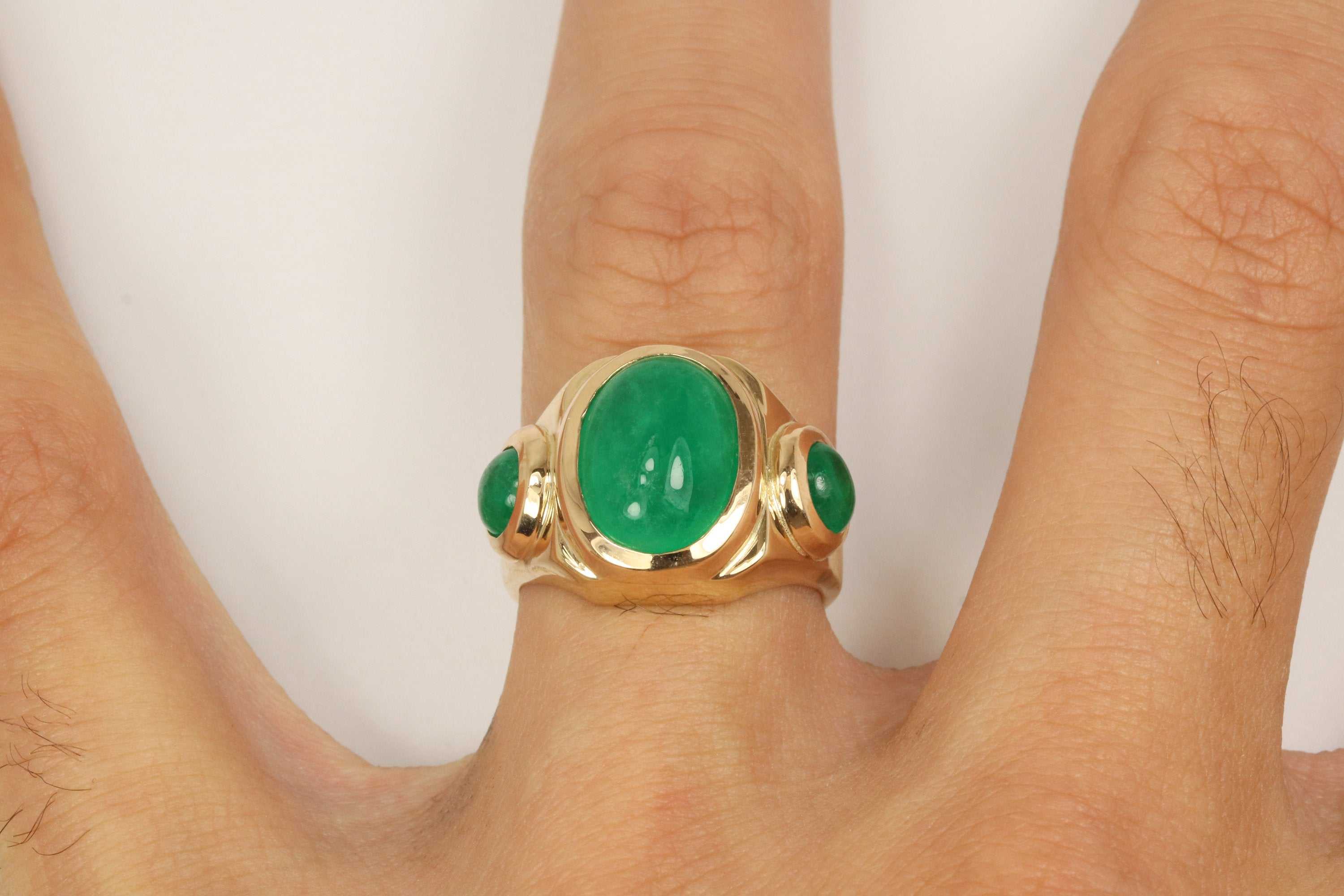 10.35tcw Three Stone Colombian Emerald Cabochon Mens Ring 14K