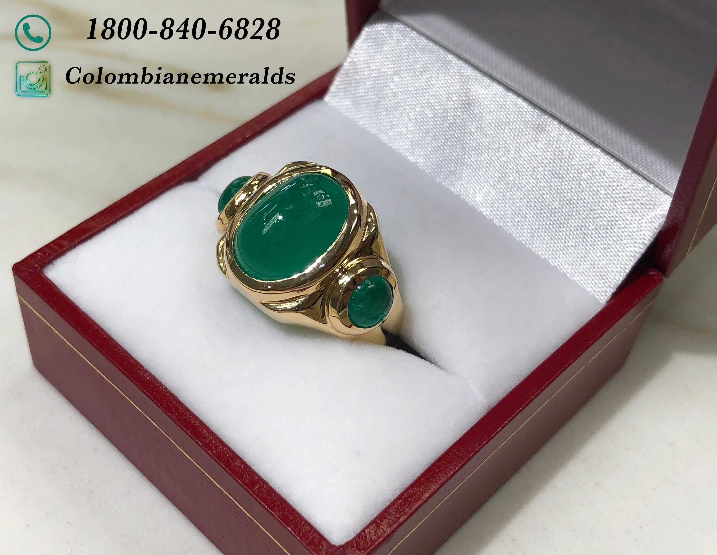 10.35tcw Three Stone Colombian Emerald Cabochon Mens Ring 14K
