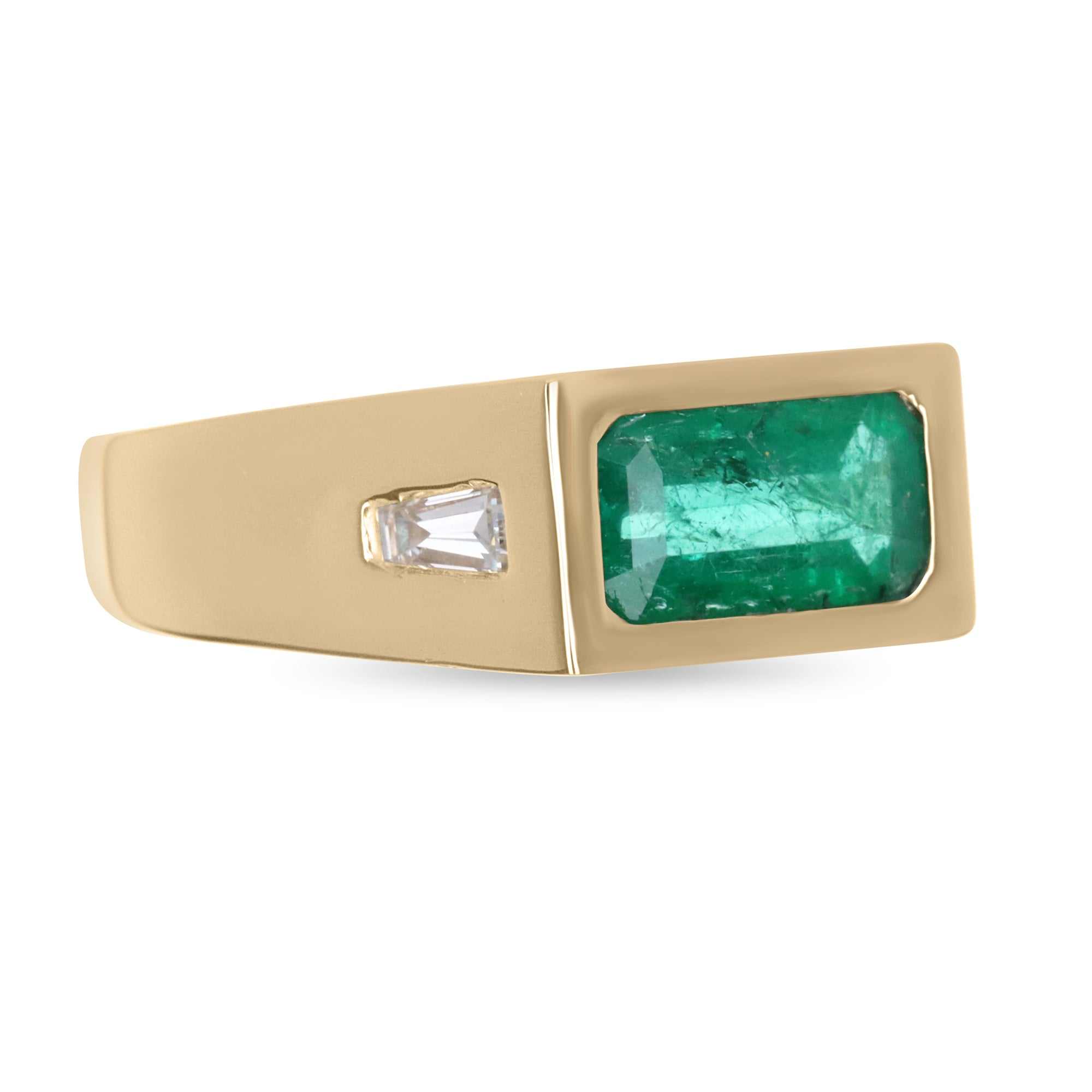 2.0tcw Three Stone Emerald & Tapered Baguette Diamond Gypsy Ring 14K