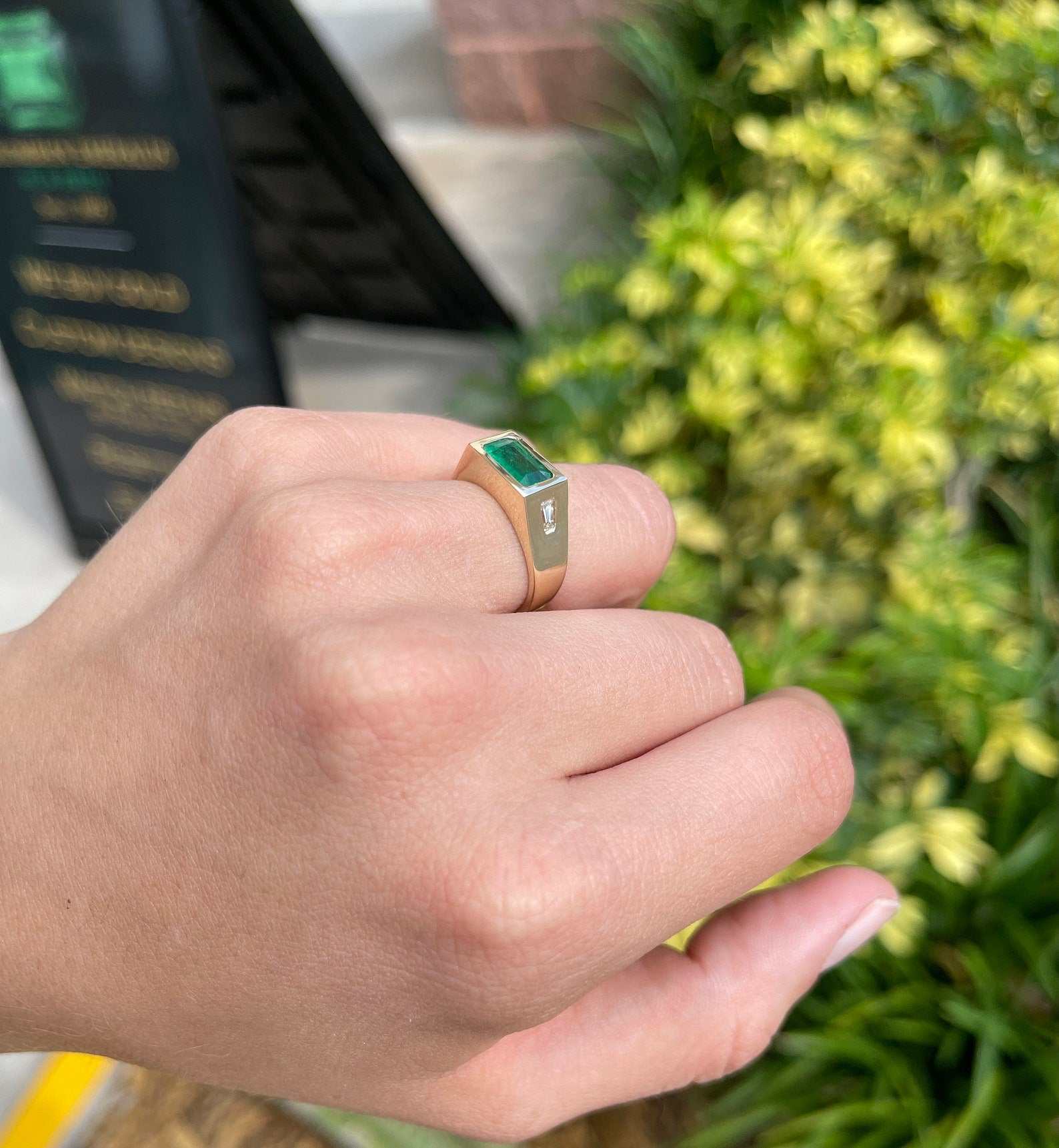 2.0tcw Three Stone Emerald & Tapered Baguette Diamond Gypsy Ring 14K