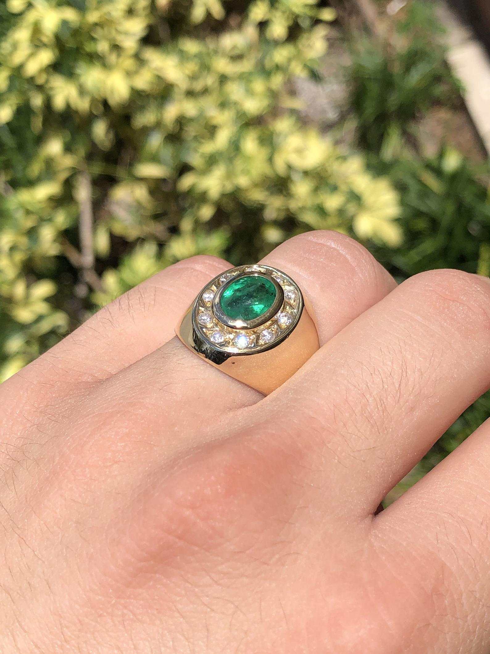 2.10tcw Natural Emerald Oval & Diamond Halo Mens Ring 18K