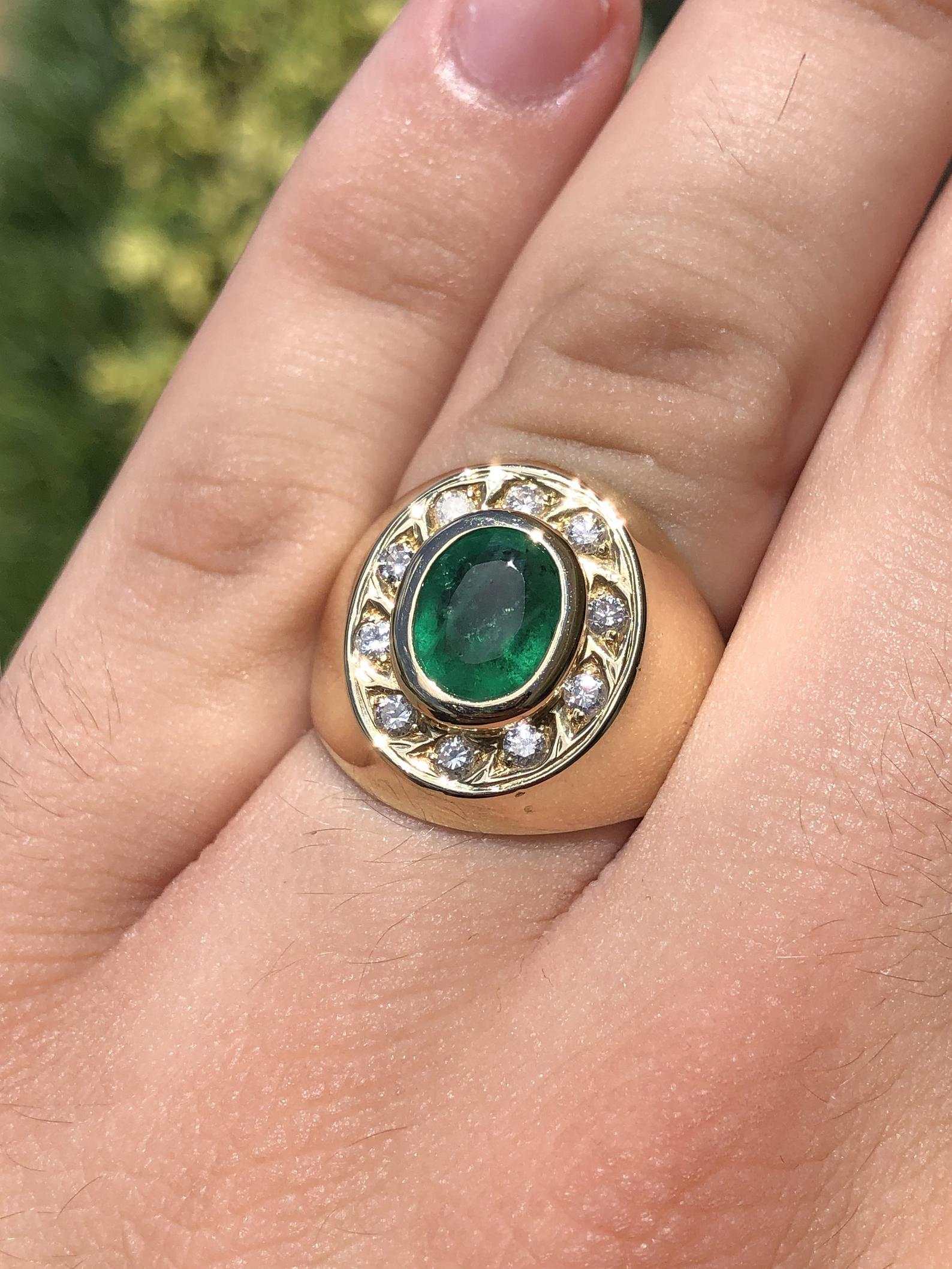 2.10tcw Men's 18K Gold Natural Emerald Oval & Diamond Halo