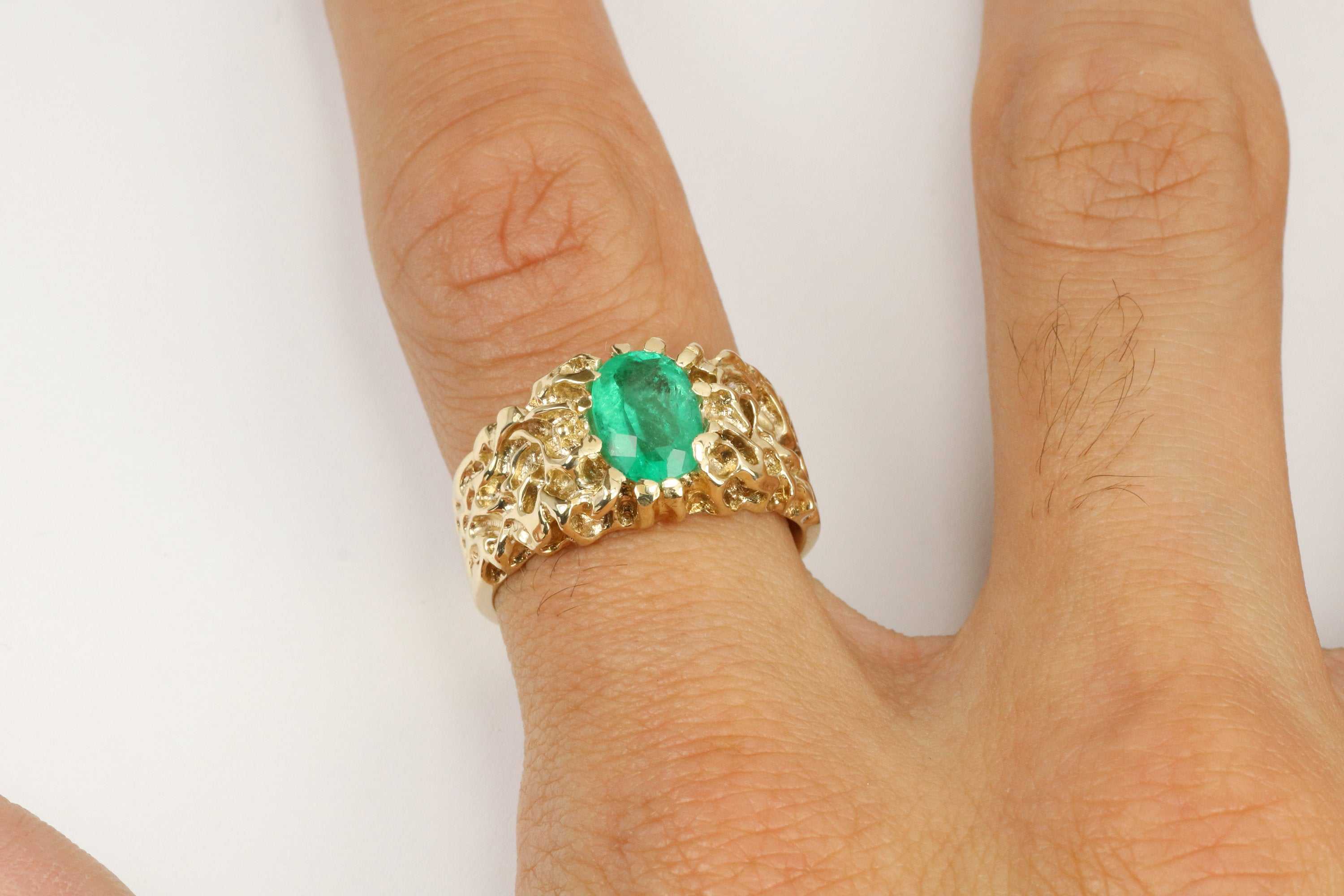 1.50 Carat Genuine Emerald Oval Cut Solitaire Men's Nugget Ring 14K