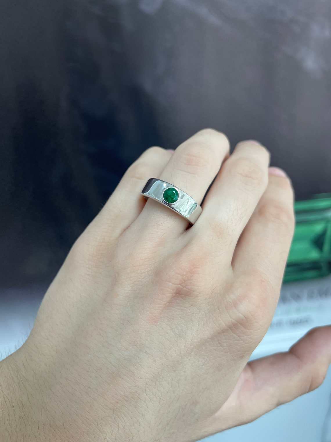 0.70 Carat Round Colombian Emerald Bezel Men's Ring 14K