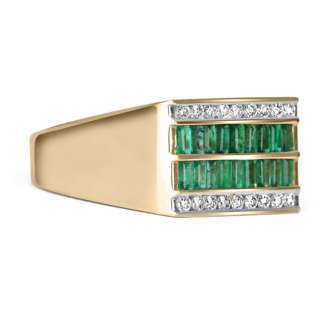 1.41tcw 14K 11.3mm Wide Emerald & Diamond Channel Set Mens Ring Yellow Gold