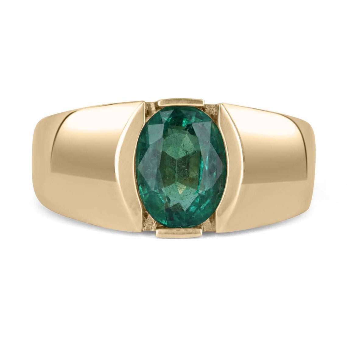 2.08ct Oval Emerald Men's Solitaire Bezel Ring 14K