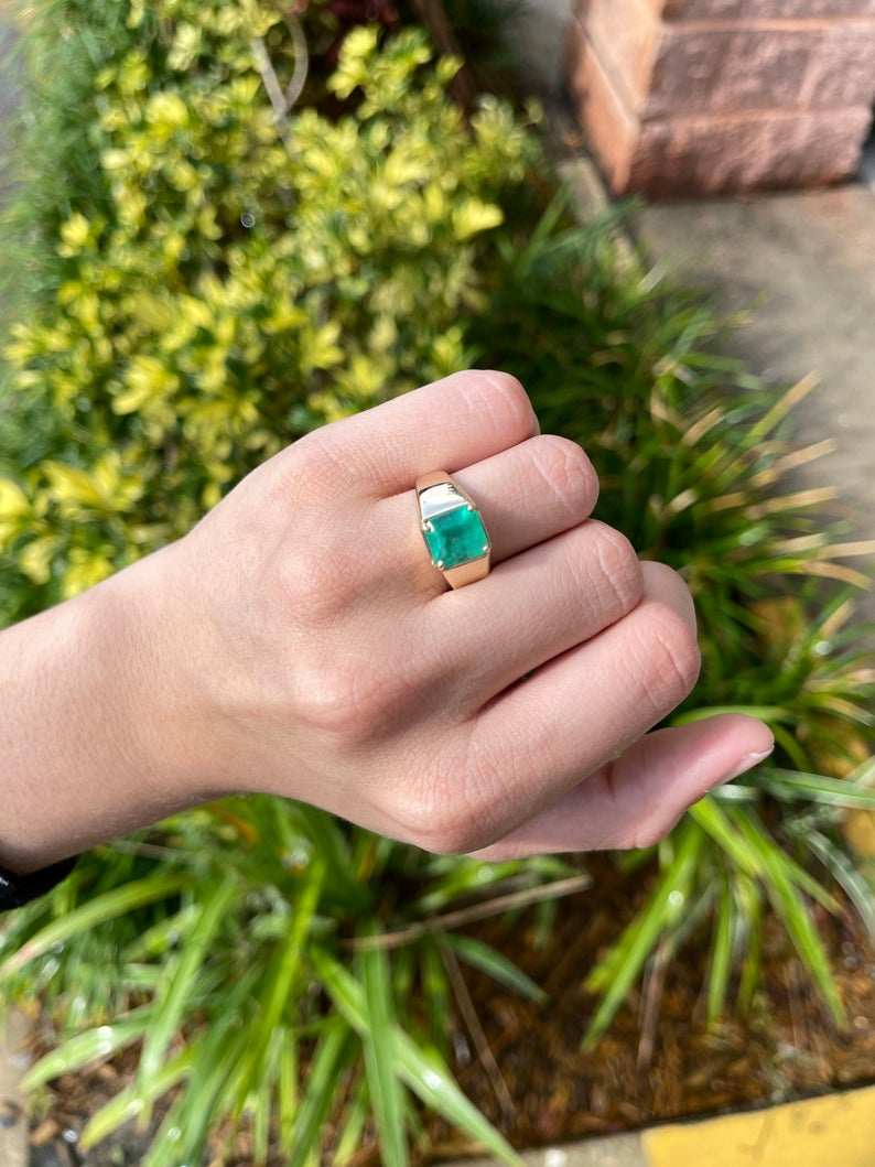 Big 3.63 Carat Emerald Cut Green Emerald Mens Boss Ring