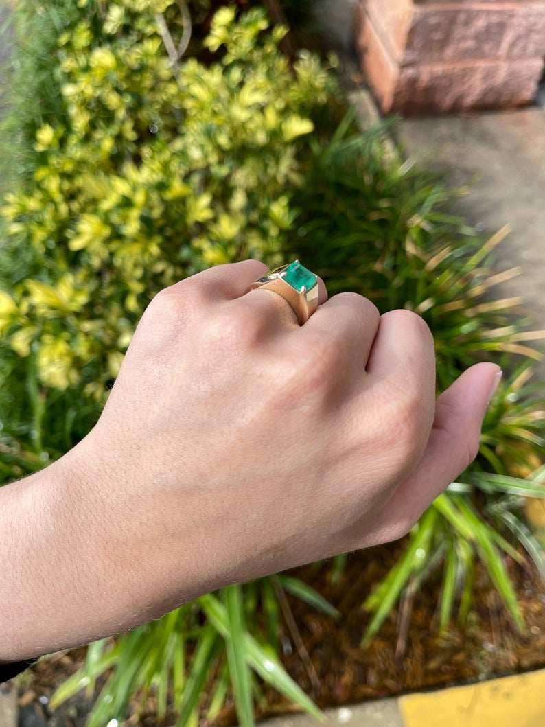 Big 3.63 Carat Emerald Cut Green Emerald Mens Boss Ring