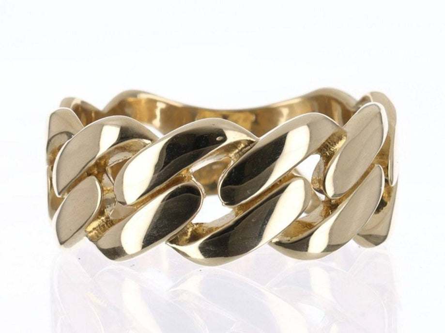 14K gold Cuban link unisex ring, 9.8mm wide, bold and sophisticated design.