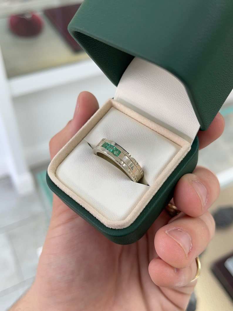0.60tcw Channel Set Princess Cut Three Stone Bezel Set Hand Carved Wedding Sterling Silver Solid Mens Band Ring - JR Colombian Emeralds